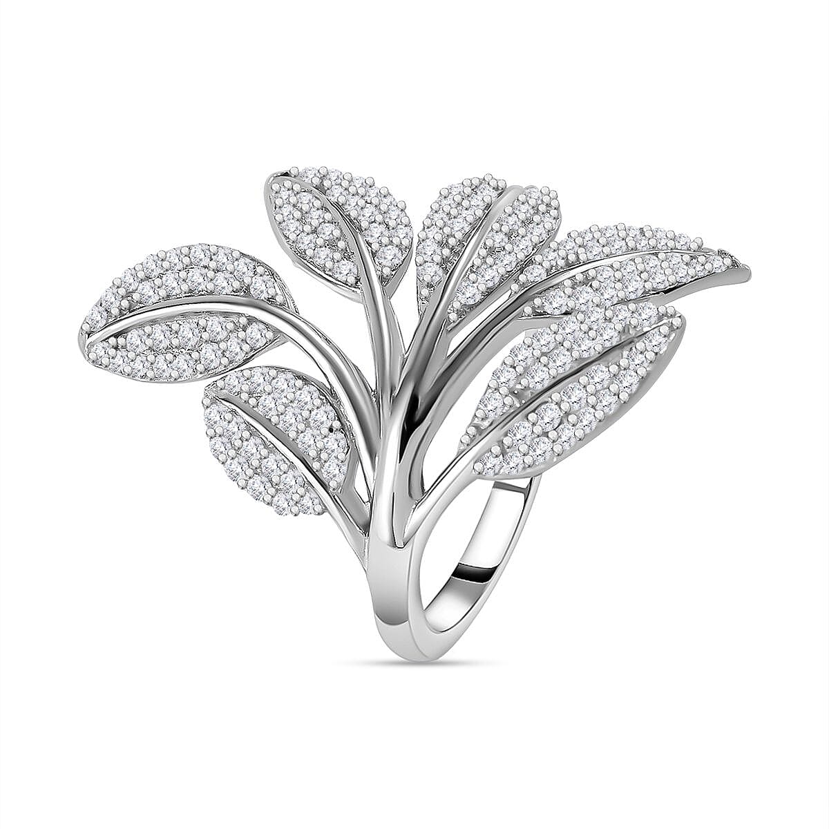 NY Closeout - Cubic Zirconia Leaf Ring in Rhodium Overlay Sterling Silver