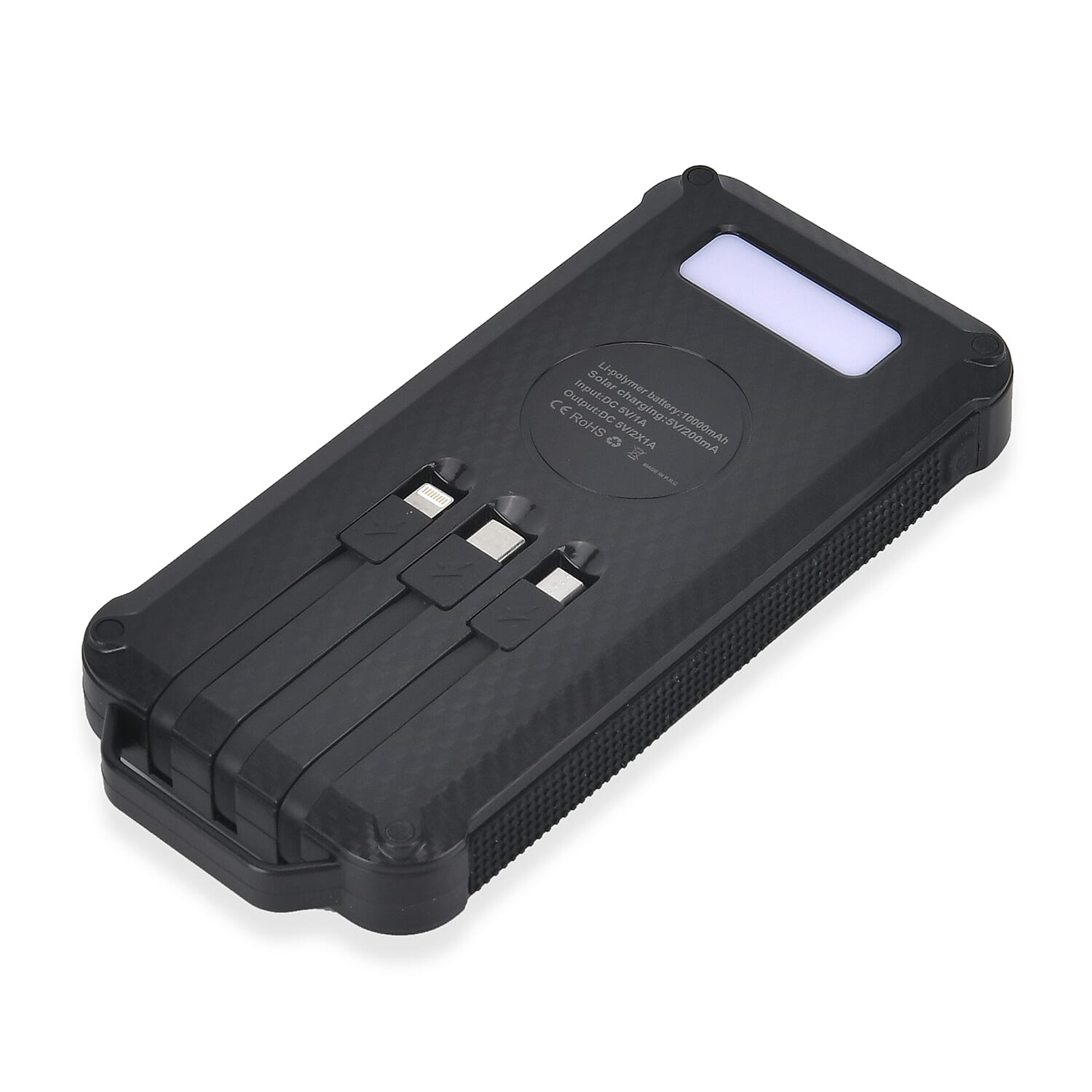 Multifunctional Solar Power Bank (Power 10000 mAh) with Wireless Charging (Inc. Type C, Micro USB & Lightning Cable) - Black