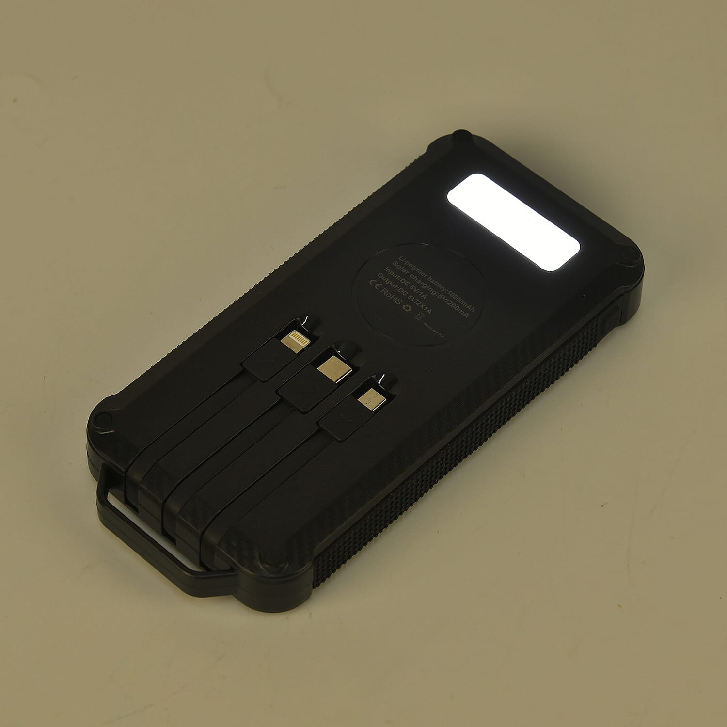 Multifunctional Solar Power Bank (Power 10000 mAh) with Wireless Charging (Inc. Type C, Micro USB & Lightning Cable) - Black