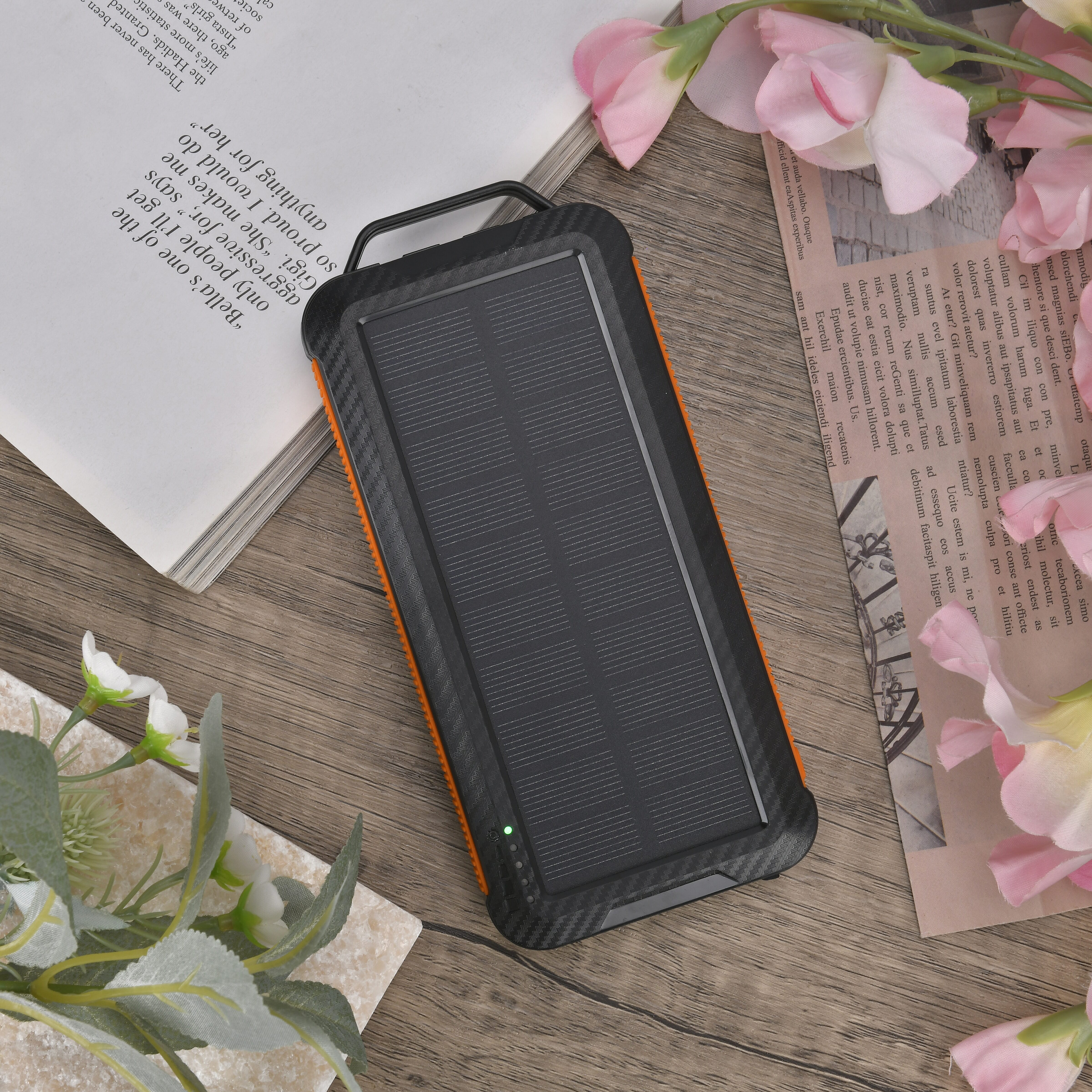 Multifunctional Solar Power Bank (Power 10000 mAh) with Wireless Charging (Inc. Type C, Micro USB & Lightning Cable) - Orange & Black