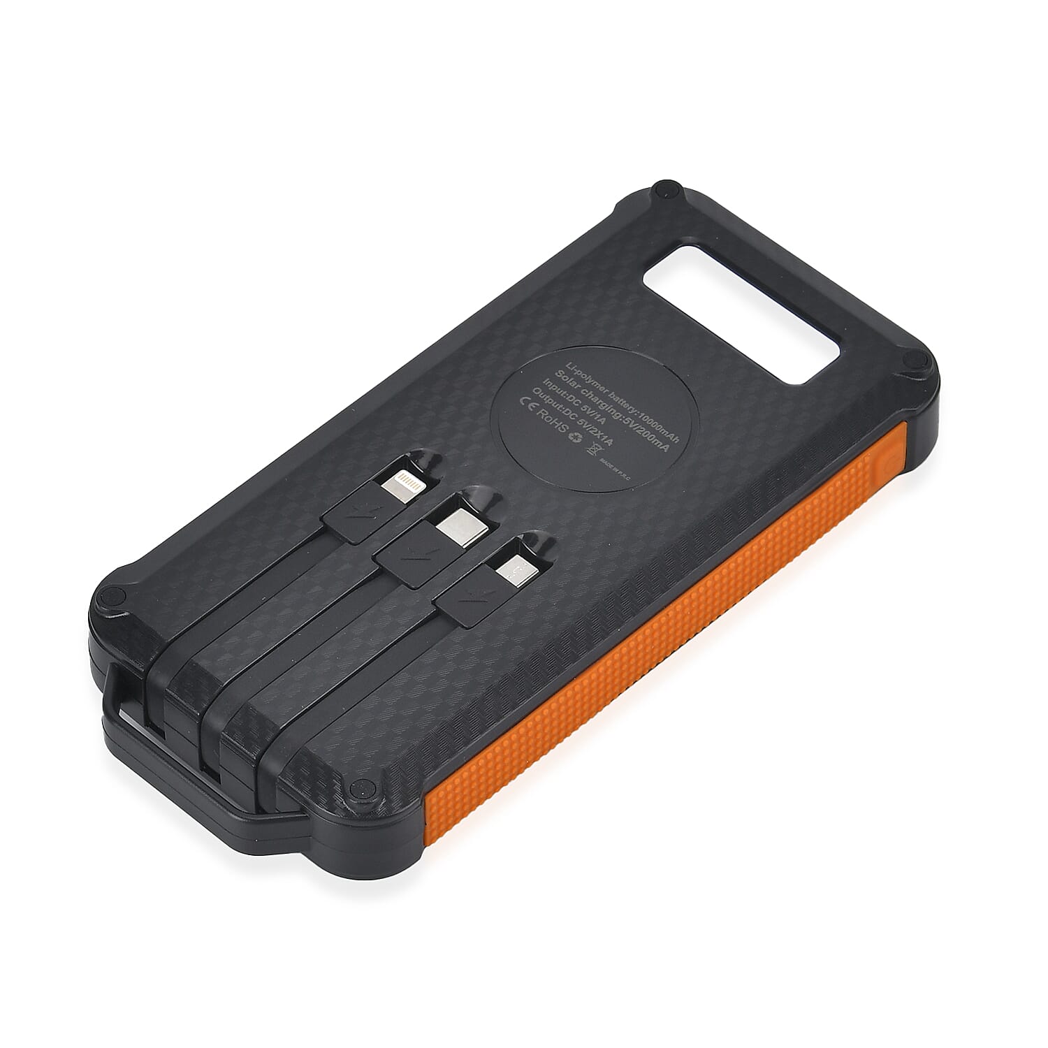 Multifunctional Solar Power Bank (Power 10000 mAh) with Wireless Charging (Inc. Type C, Micro USB & Lightning Cable) - Orange & Black
