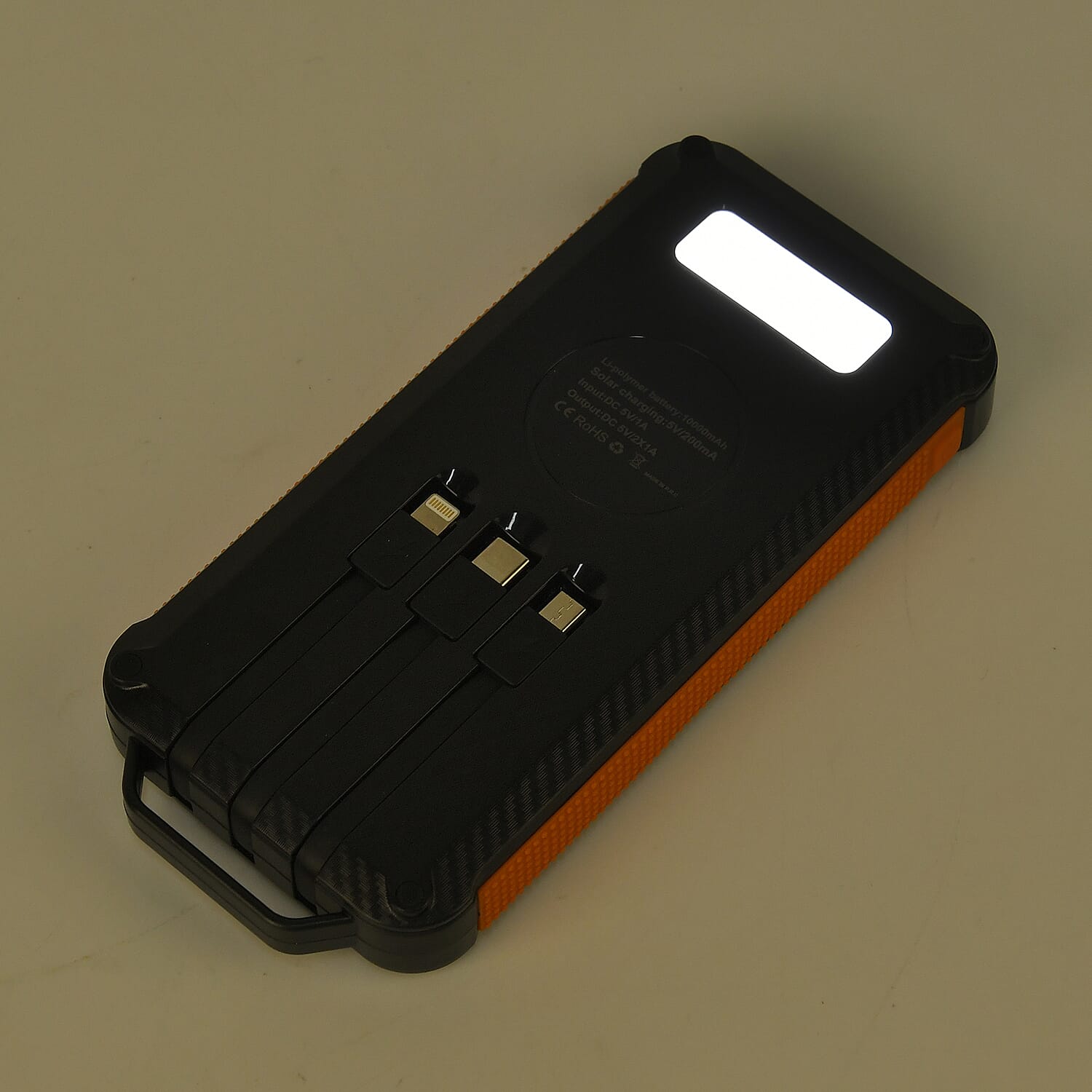 Multifunctional Solar Power Bank (Power 10000 mAh) with Wireless Charging (Inc. Type C, Micro USB & Lightning Cable) - Orange & Black