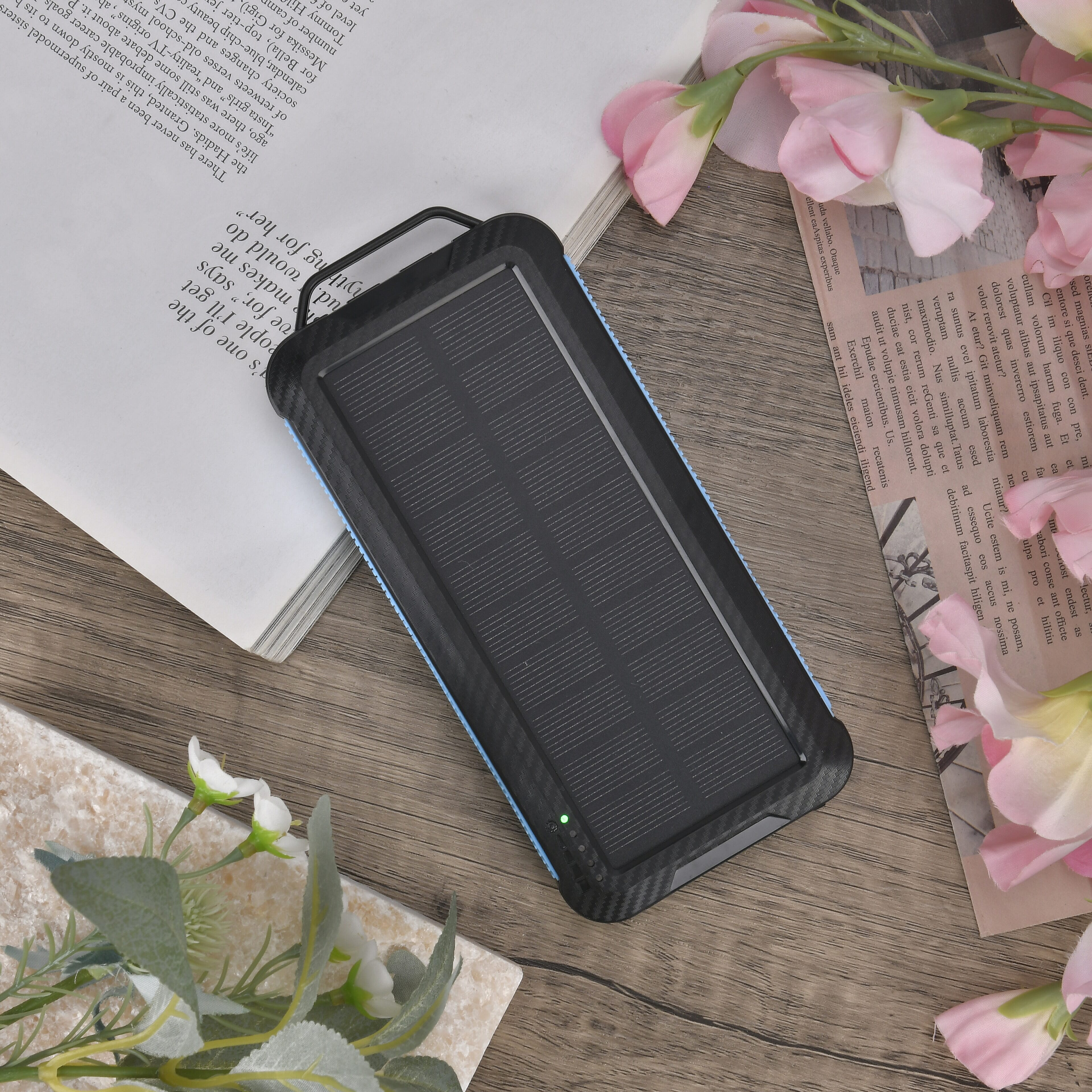 Multifunctional Solar Power Bank (Power 10000 mAh) with Wireless Charging (Inc. Type C, Micro USB & Lightning Cable) - Blue & Black
