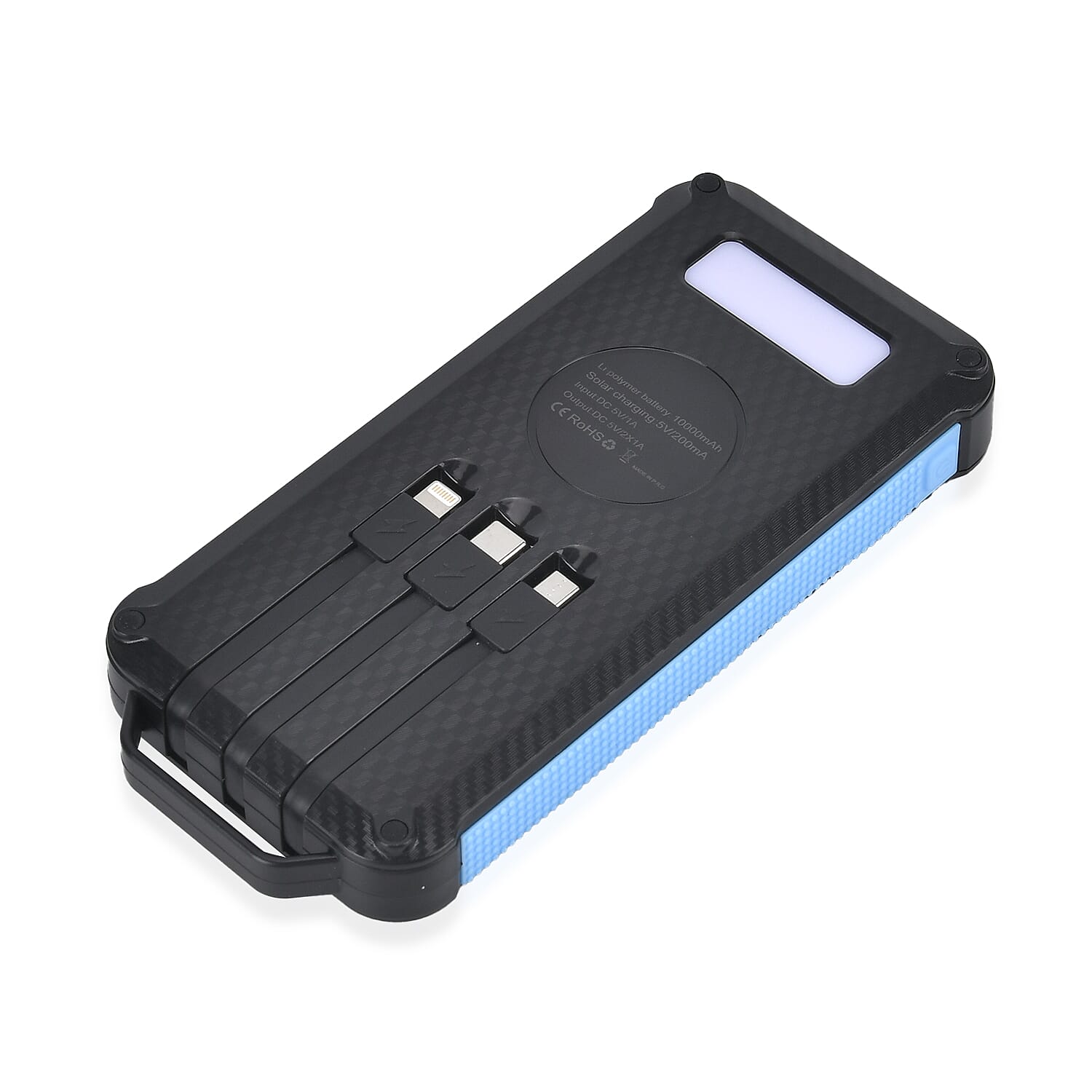 Multifunctional Solar Power Bank (Power 10000 mAh) with Wireless Charging (Inc. Type C, Micro USB & Lightning Cable) - Blue & Black