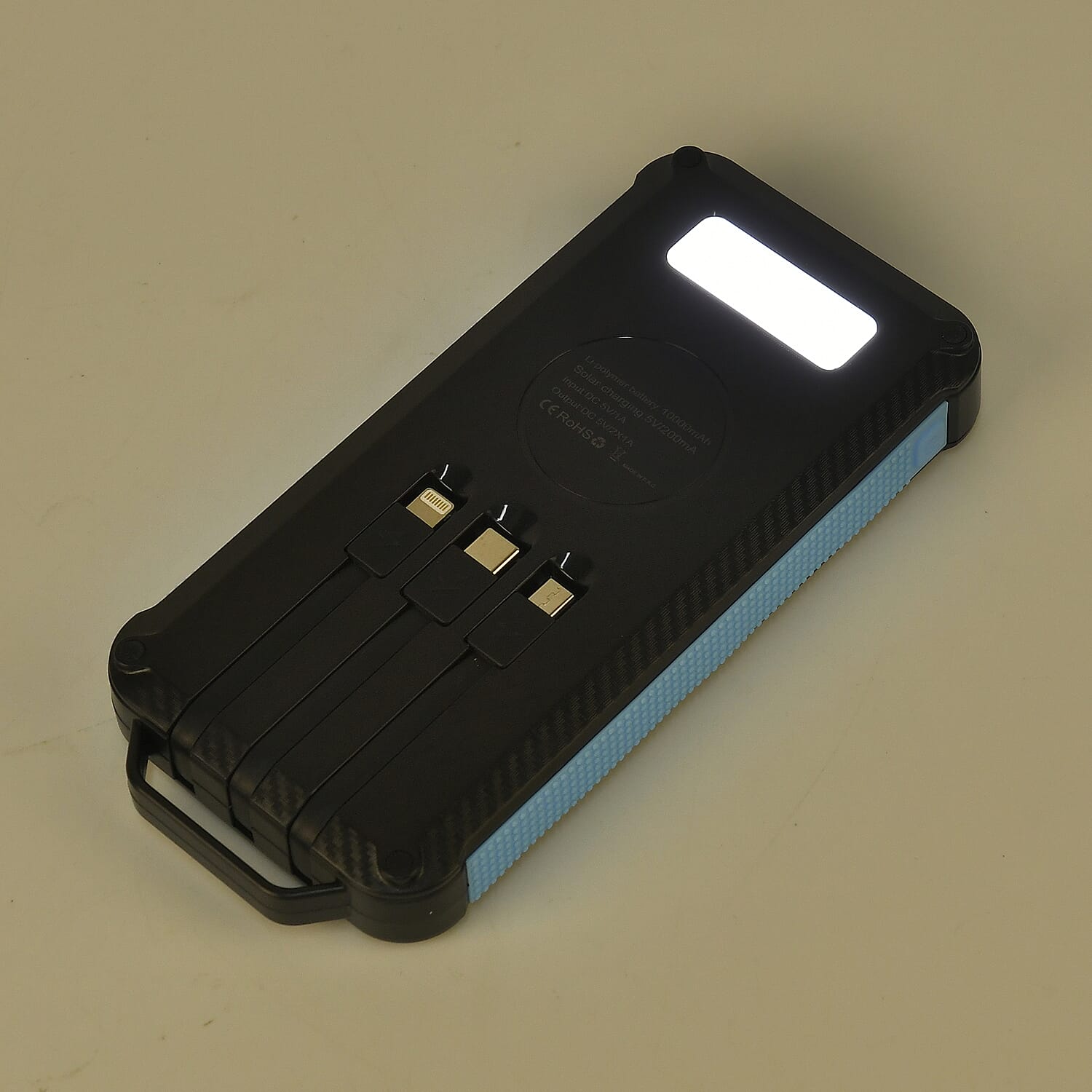 Multifunctional Solar Power Bank (Power 10000 mAh) with Wireless Charging (Inc. Type C, Micro USB & Lightning Cable) - Blue & Black