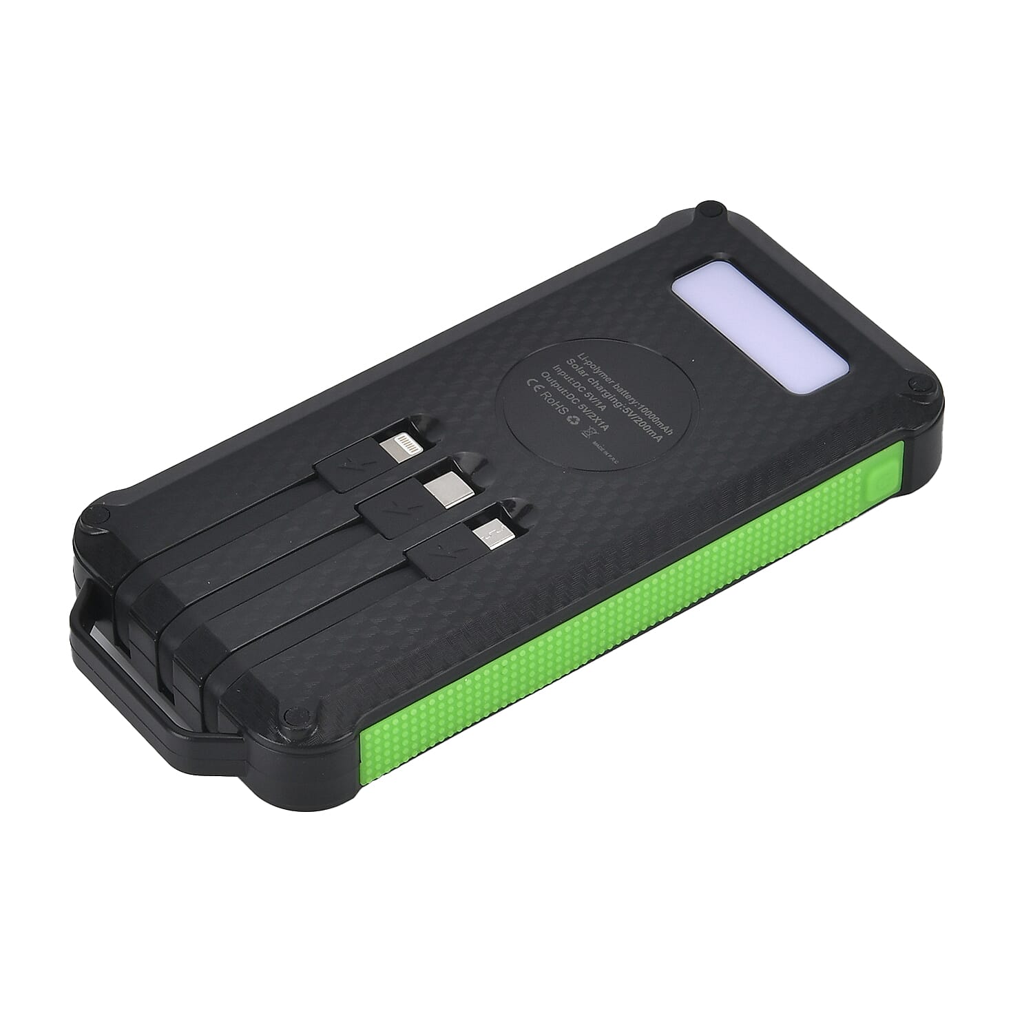 Multifunctional Solar Power Bank (Power 10000 mAh) with Wireless Charging (Inc. Type C, Micro USB & Lightning Cable) - Green & Black