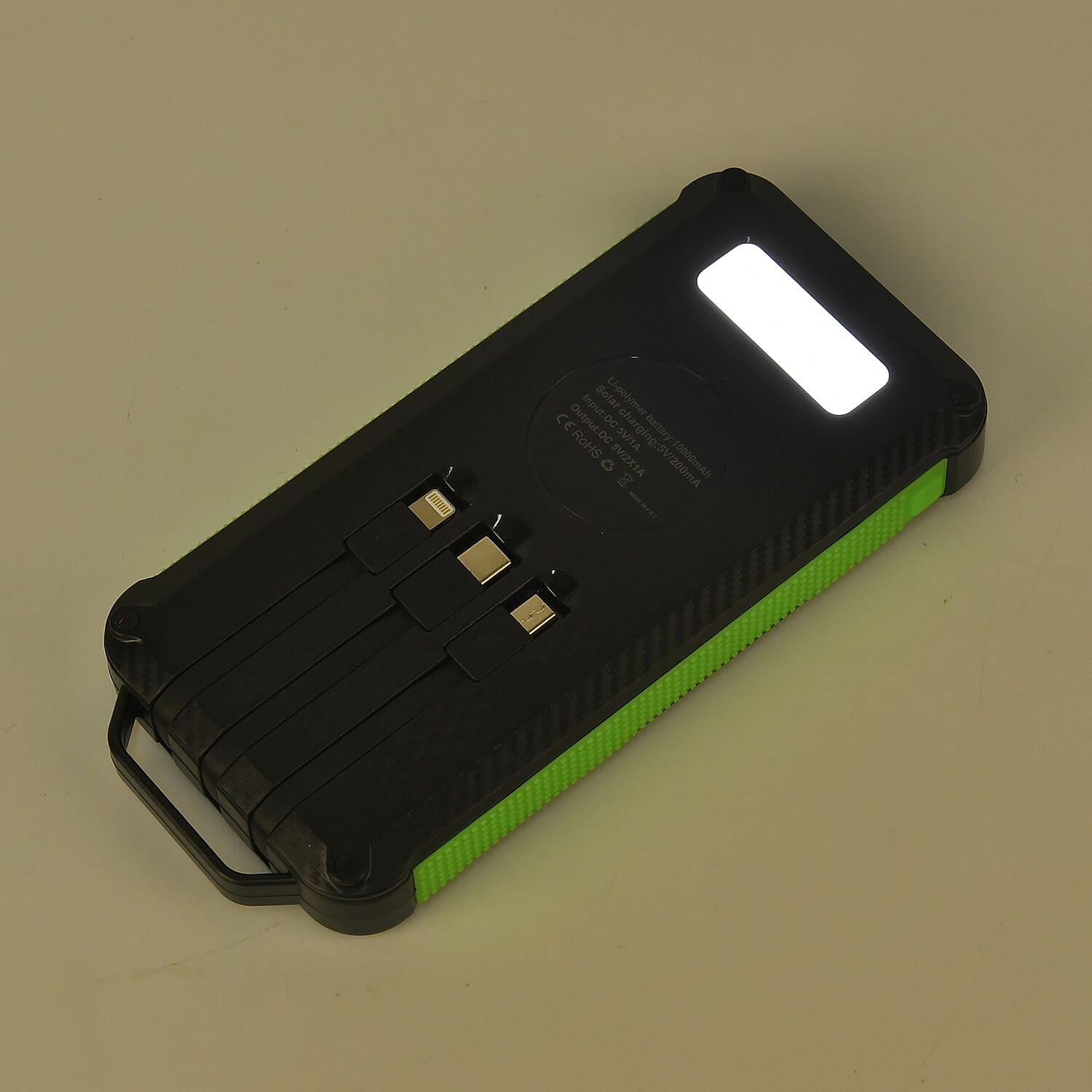 Multifunctional Solar Power Bank (Power 10000 mAh) with Wireless Charging (Inc. Type C, Micro USB & Lightning Cable) - Green & Black