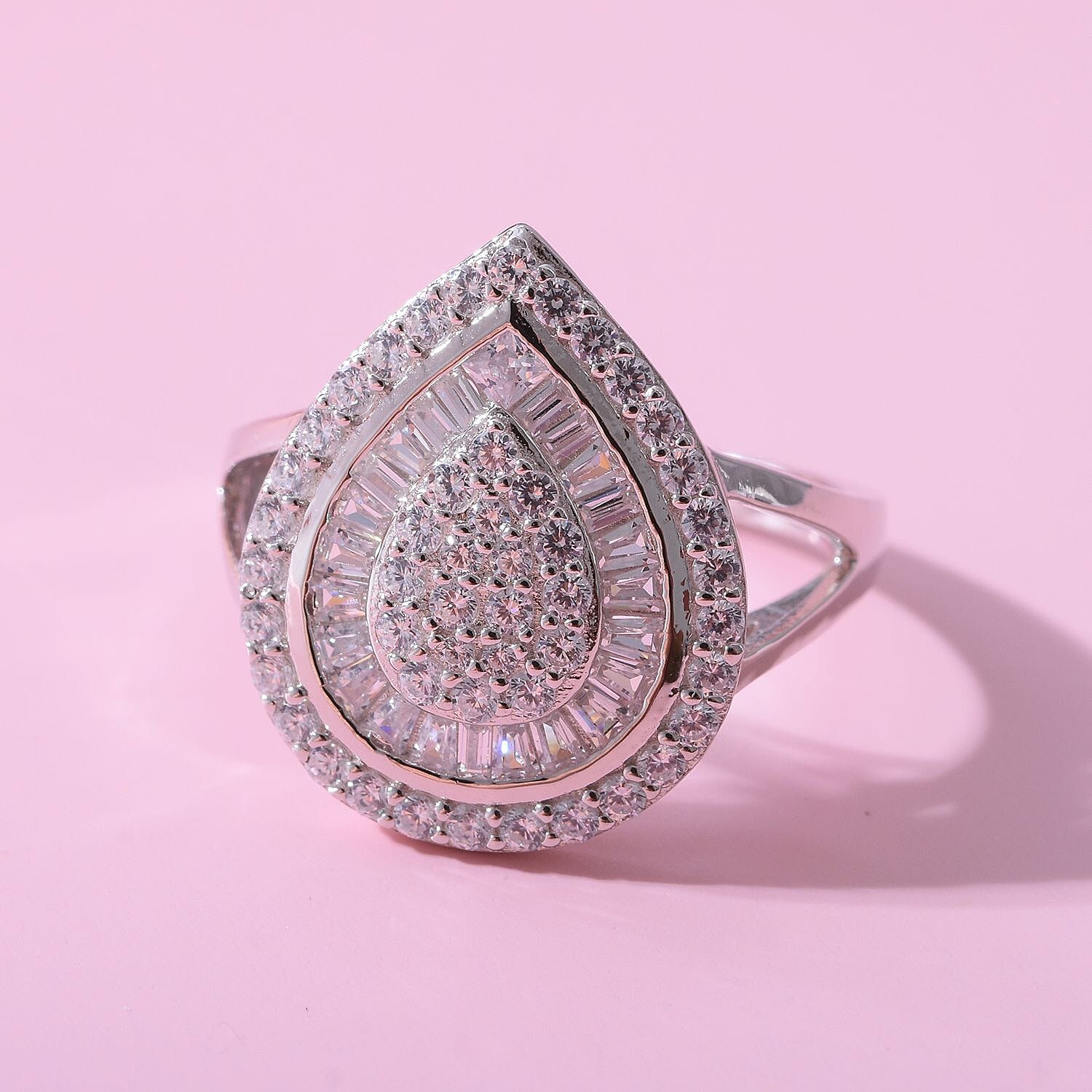 NY Closeout- Cubic Zirconia Teardrop Cocktail Ring in Rhodium Overlay Sterling Silver