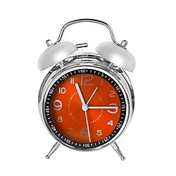  Round Retro Analog Alarm Clock with Metal Hanging Loop & Night Light (2 AA Battery,Not Inc) - Orange & Silver