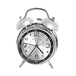  Round Retro Analog Alarm Clock with Metal Hanging Loop & Night Light (2 AA Battery,Not Inc) - Orange & Silver