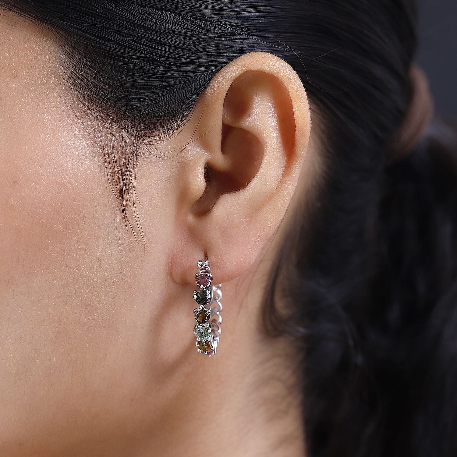 Multi-Tourmaline Hoop Earrings in Platinum Overlay Sterling Silver 2.52 Ct, Silver Wt. 5.15 Gms