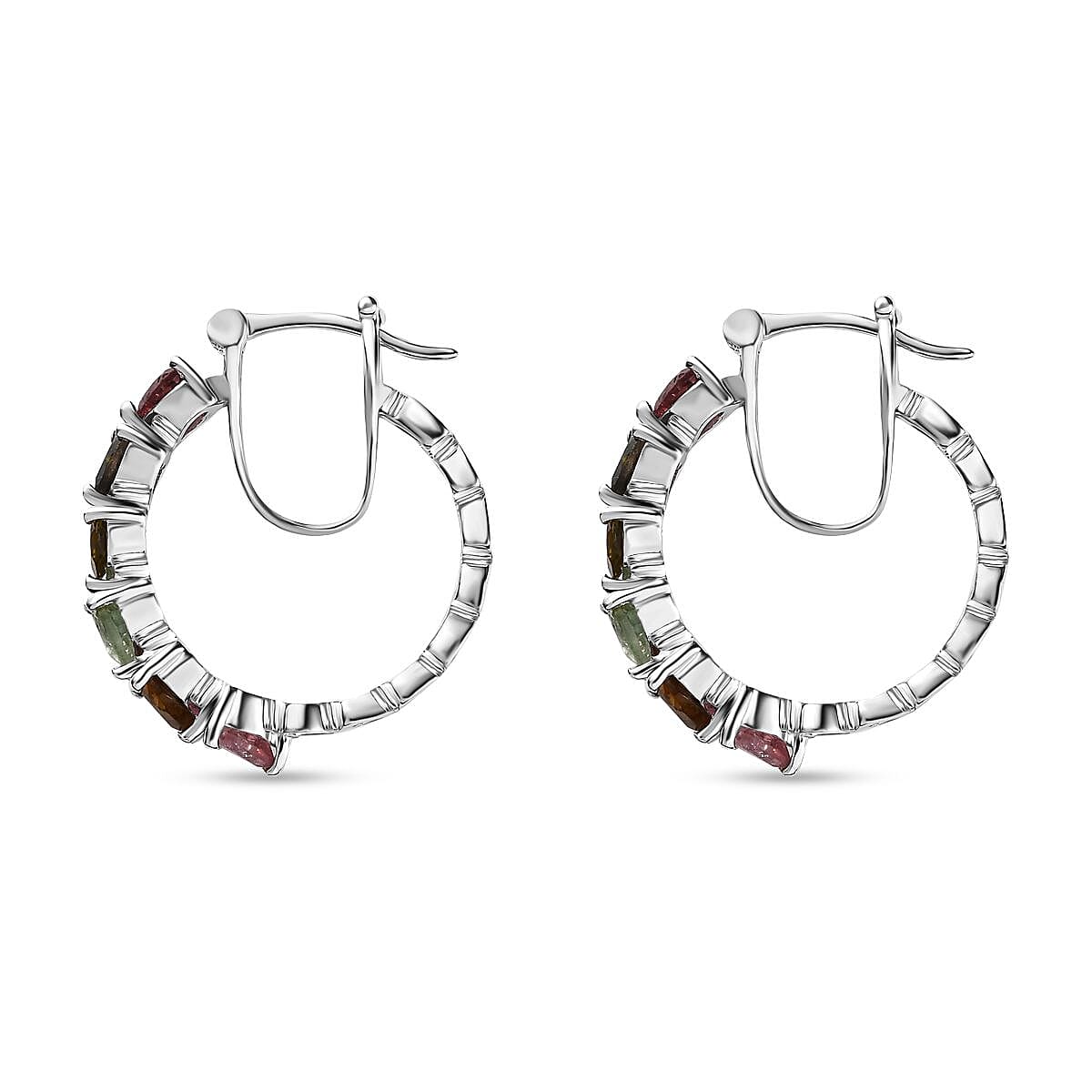 Multi-Tourmaline Hoop Earrings in Platinum Overlay Sterling Silver 2.52 Ct, Silver Wt. 5.15 Gms