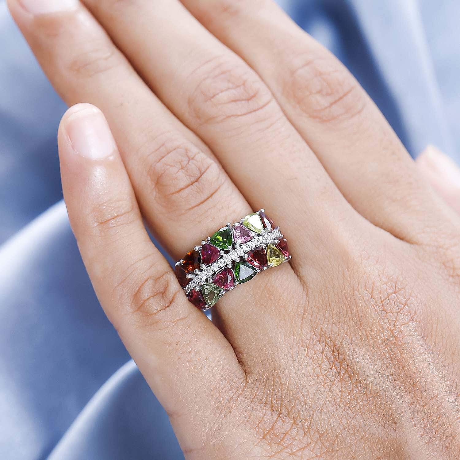 Multi-Tourmaline & Natural Zircon Ring in Platinum Overlay Sterling Silver 3.56 Ct.