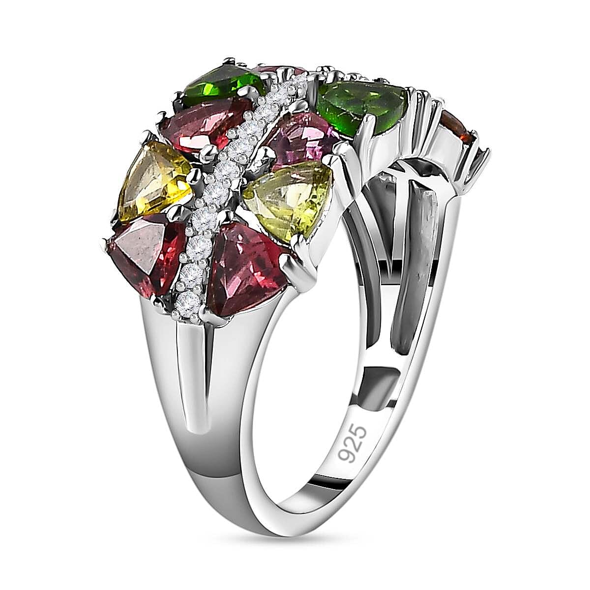 Multi-Tourmaline & Natural Zircon Ring in Platinum Overlay Sterling Silver 3.56 Ct.