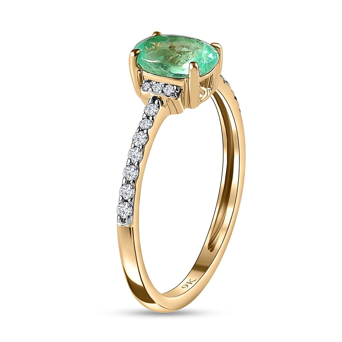 9K Yellow Gold Colombian Emerald & Diamond Ring 0.89 Ct
