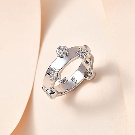 Moissanite ,  Blue Sapphire  Fancy Ring in Platinum Overlay Sterling Silver 0.60 ct,  Silver Wt. 5.42 Gms  0.604  Ct.