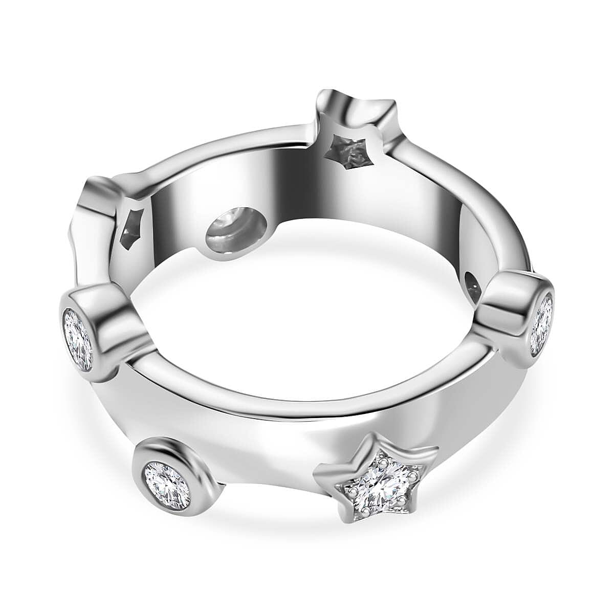 Moissanite , Blue Sapphire Fancy Ring in Platinum Overlay Sterling Silver 0.60 ct, Silver Wt. 5.74 Gms 0.604 Ct. Moissanite , Blue Sapphire Fancy Ring in Platinum Overlay Sterling Silver 0.60 ct, Silver Wt. 5.74 Gms 0.604 Ct.