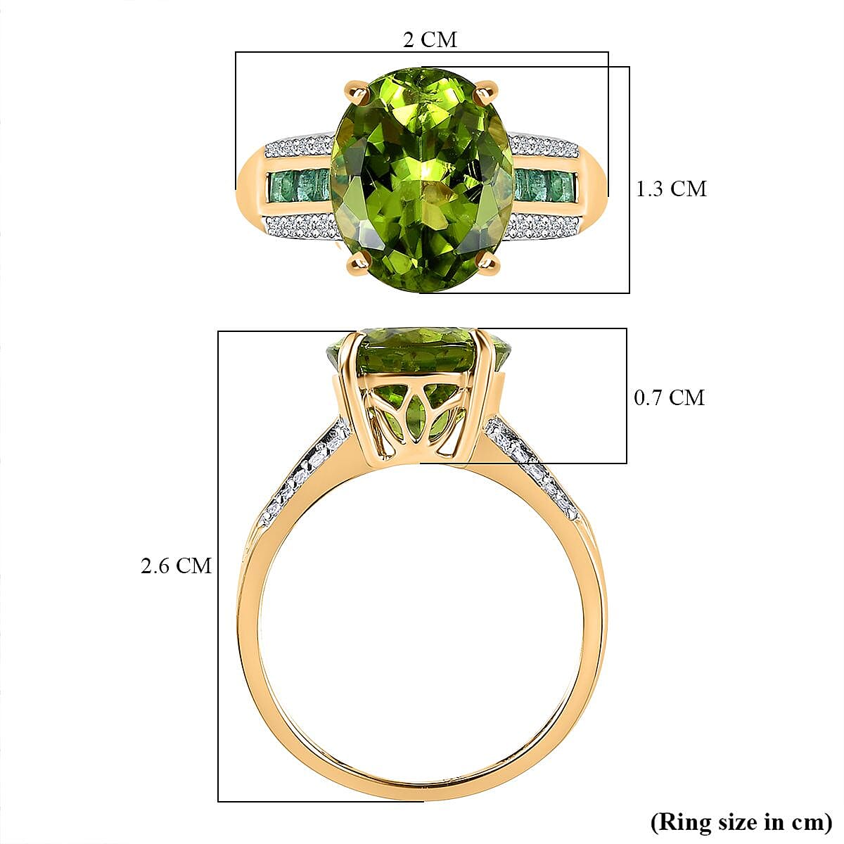 9K Yellow Gold Hebei Peridot, Zambian Emerald & Diamond Ring 5.60 Ct