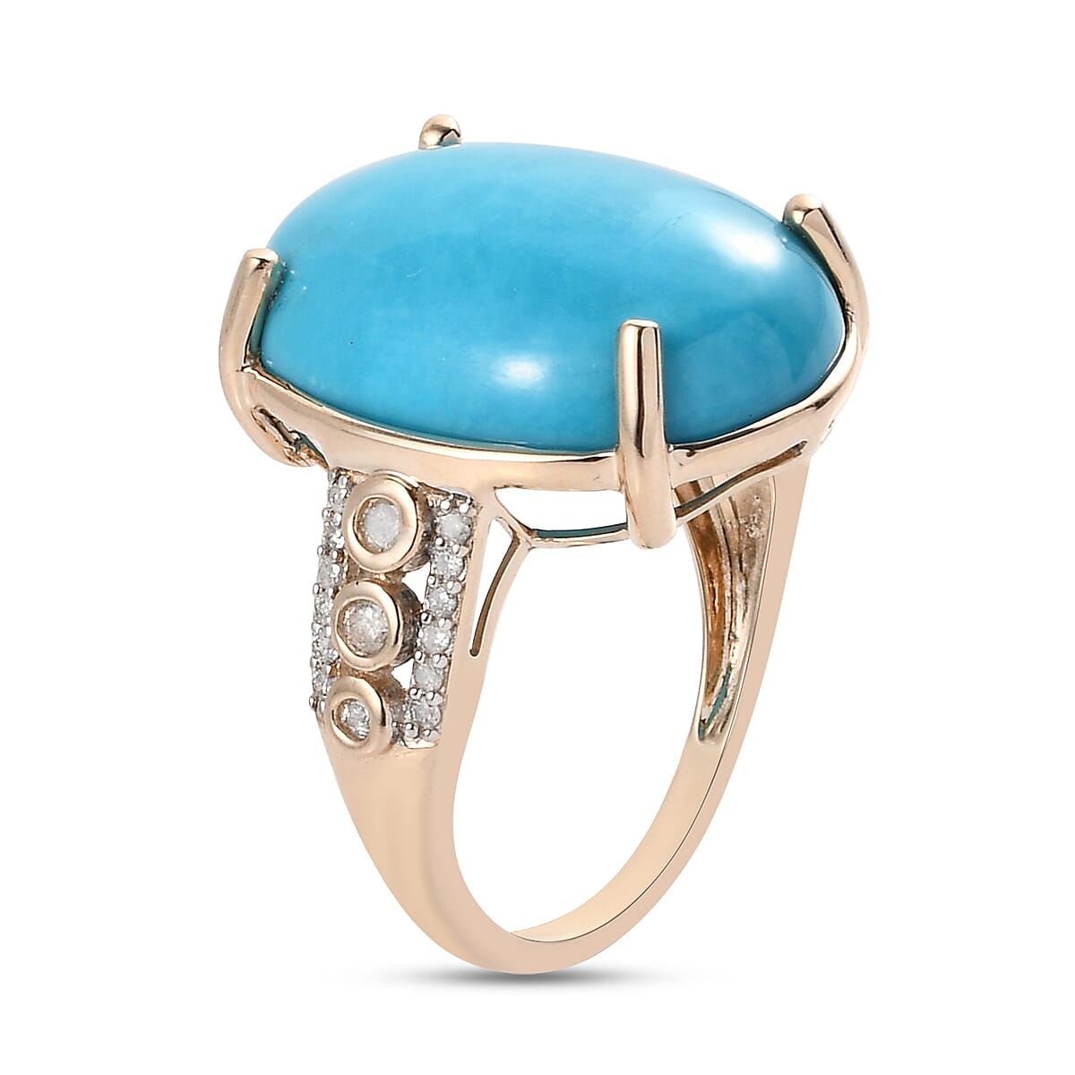 9K Yellow Gold Extremely Rare Size Arizona Sleeping Beauty Turquoise (OV 20X15 12.00 Cts) and Diamond Ring 12.34 Ct.