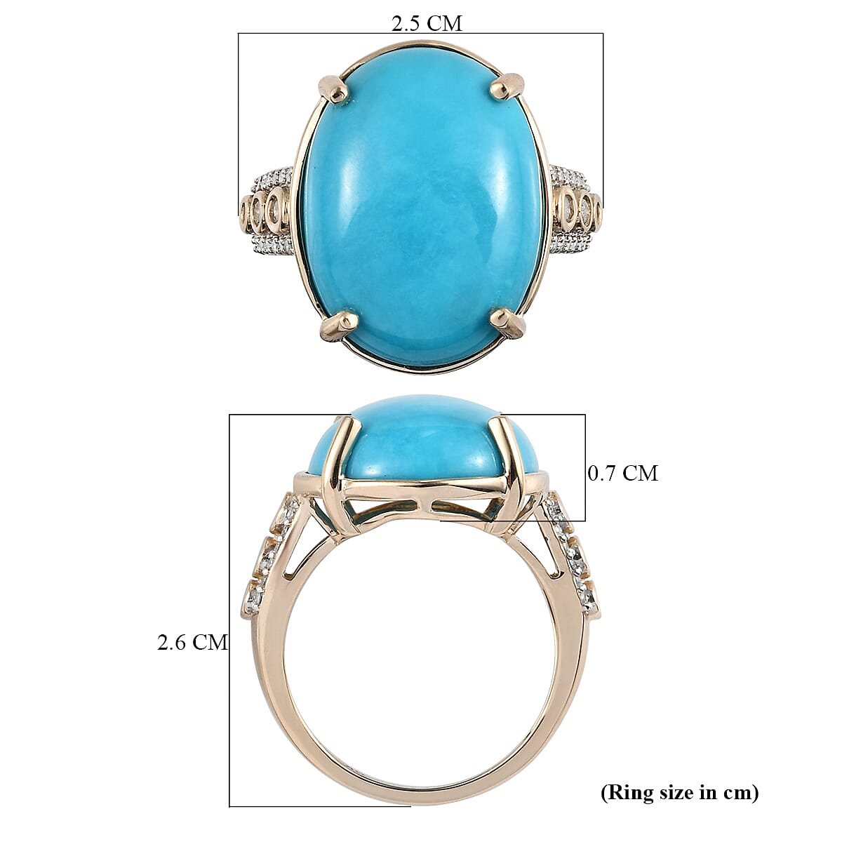 9K Yellow Gold Extremely Rare Size Arizona Sleeping Beauty Turquoise (OV 20X15 12.00 Cts) and Diamond Ring 12.34 Ct.