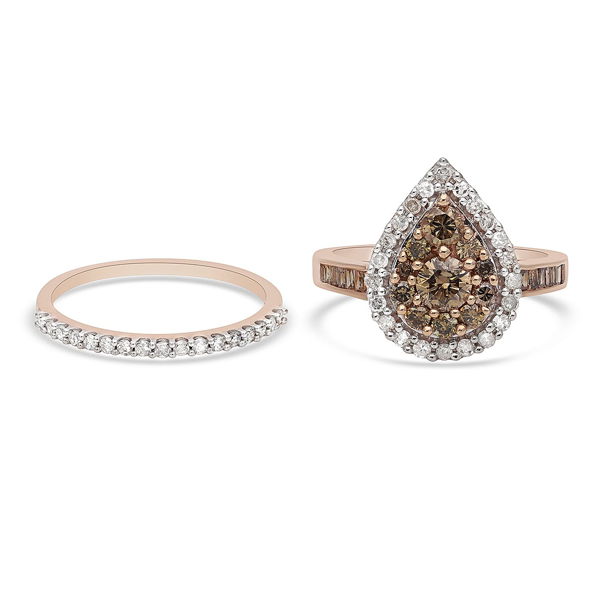 Set of 2 - 9K Rose Gold SGL Certified Champagne (1.00 Cts) and White Diamond (0.50 Cts) ( I3-G-H) Ring 1.50 Ct.