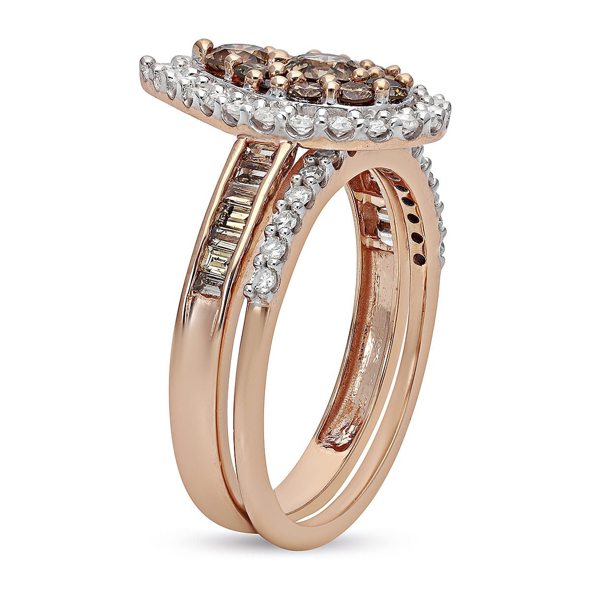 Set of 2 - 9K Rose Gold SGL Certified Champagne (1.00 Cts) and White Diamond (0.50 Cts) ( I3-G-H) Ring 1.50 Ct.