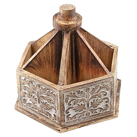 Multipurpose Wooden Spinner Organizer with Handcarved Paisley - Floral Motifs (Size 24x22x21 cm) - Natural - White