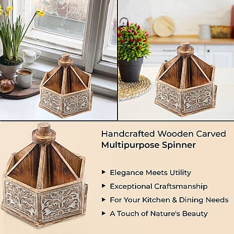 Multipurpose Wooden Spinner Organizer with Handcarved Paisley - Floral Motifs (Size 24x22x21 cm) - Natural - White