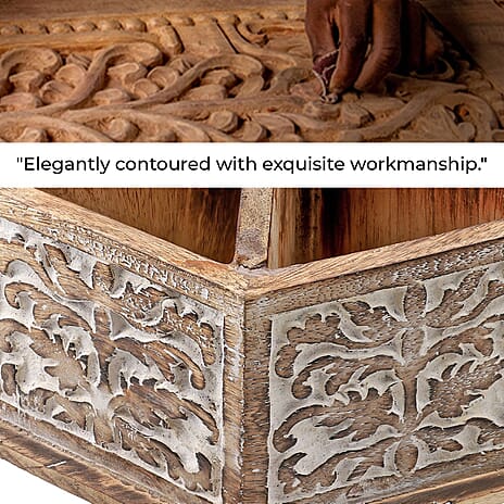 Multipurpose Wooden Spinner Organizer with Handcarved Paisley - Floral Motifs (Size 24x22x21 cm) - Natural - White