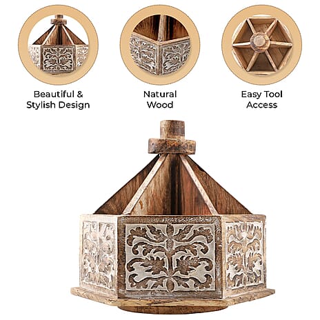 Multipurpose Wooden Spinner Organizer with Handcarved Paisley - Floral Motifs (Size 24x22x21 cm) - Natural - White