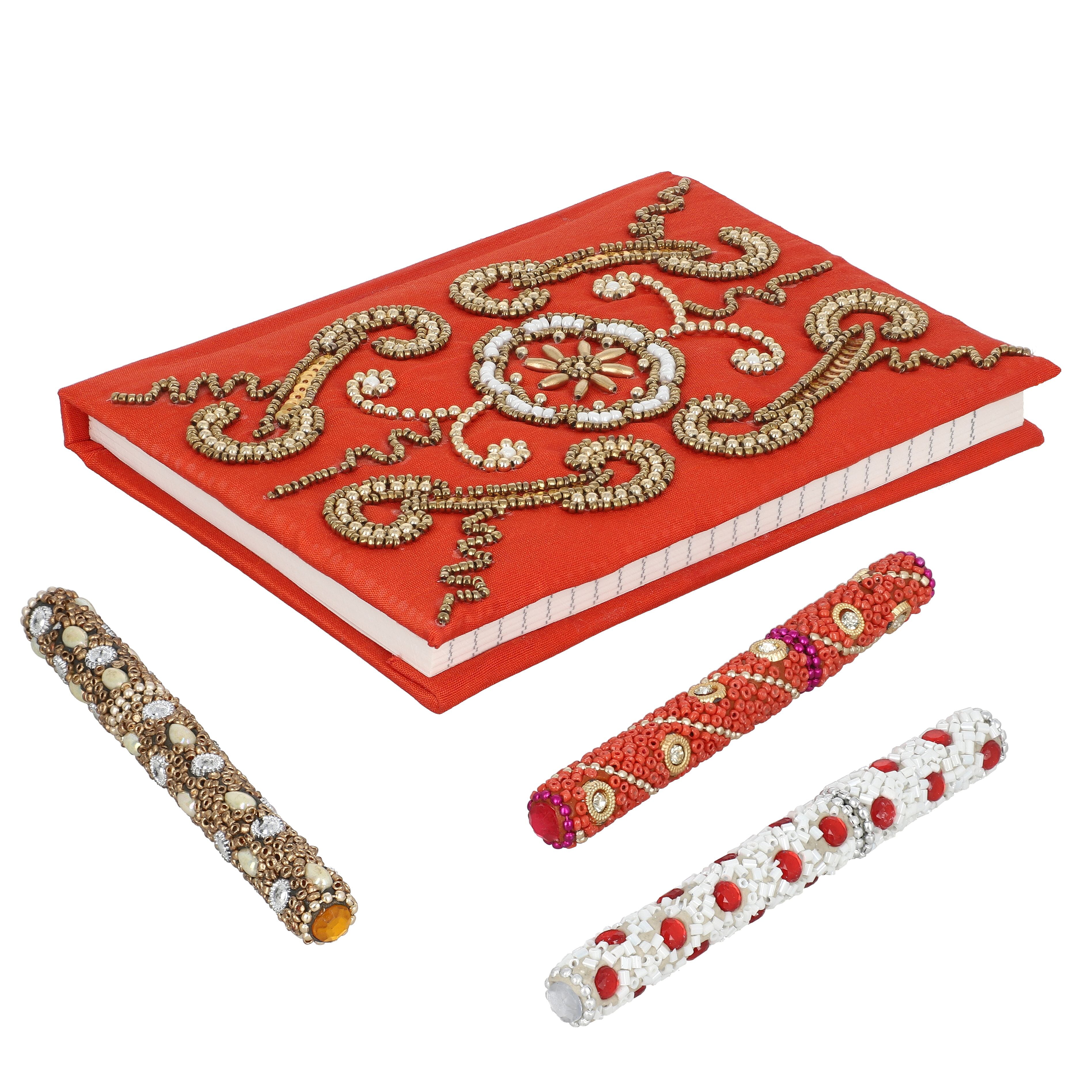 Handcrafted Embroidered Journal and Set of 3 Rhinestone Pens - Red