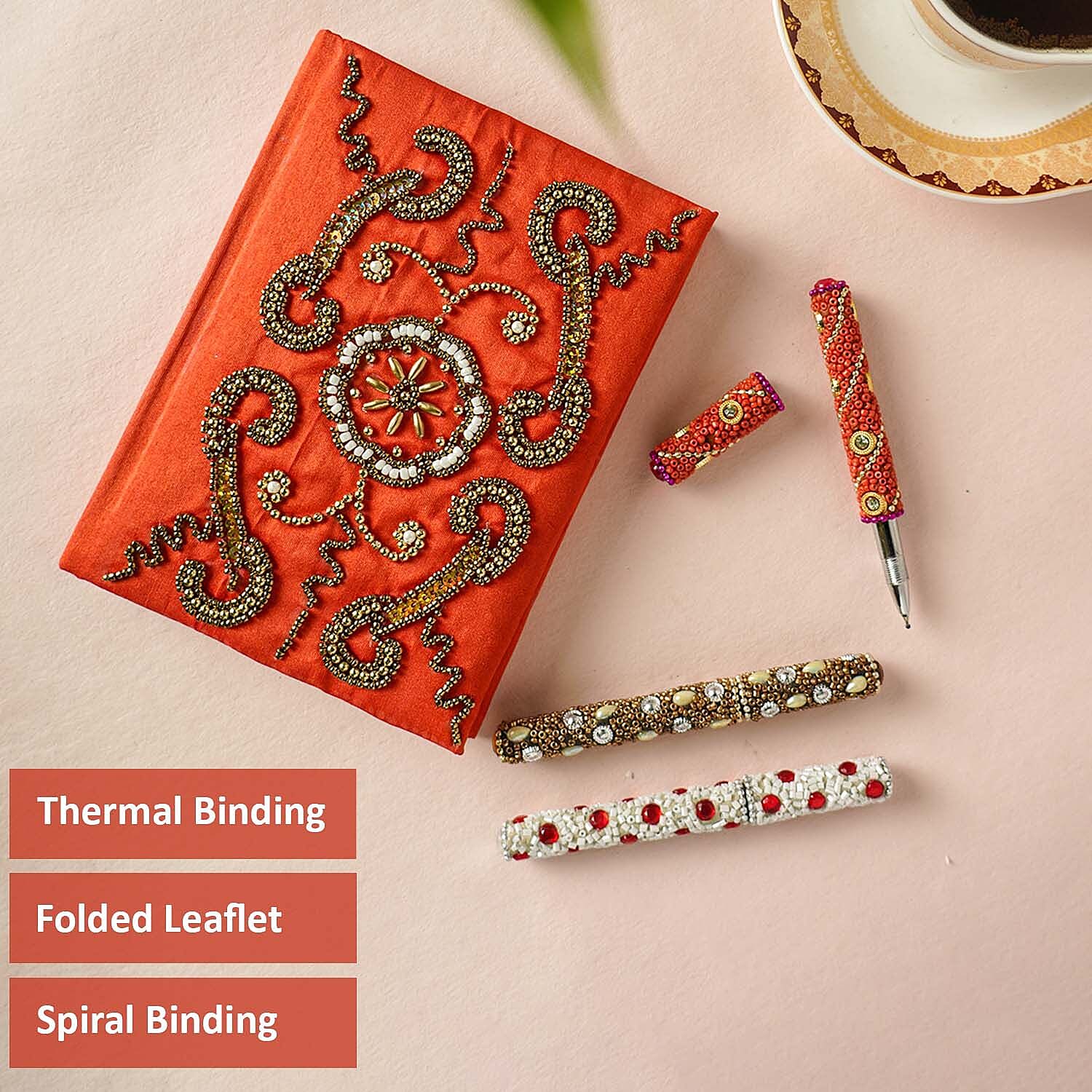 Handcrafted Embroidered Journal and Set of 3 Rhinestone Pens - Red