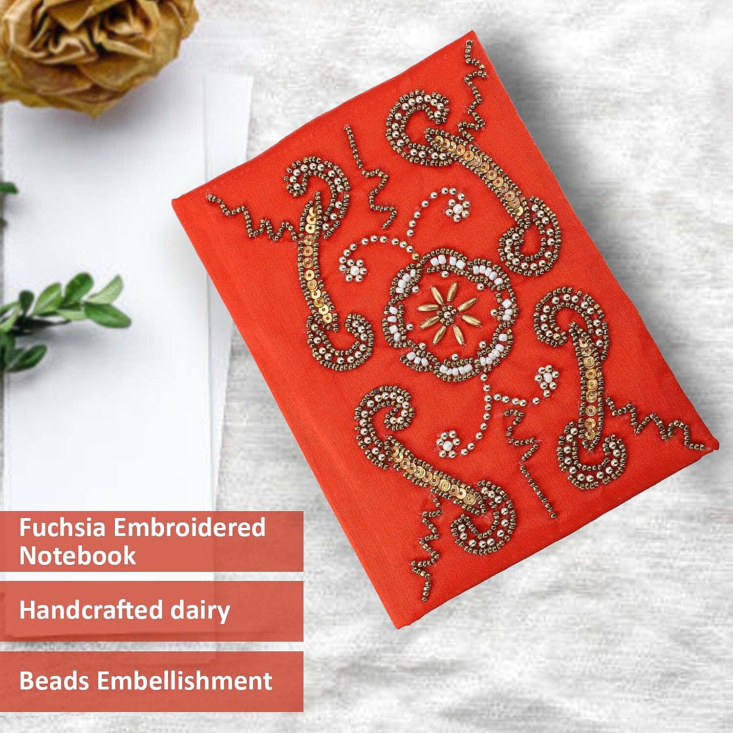 Handcrafted Embroidered Journal and Set of 3 Rhinestone Pens - Red