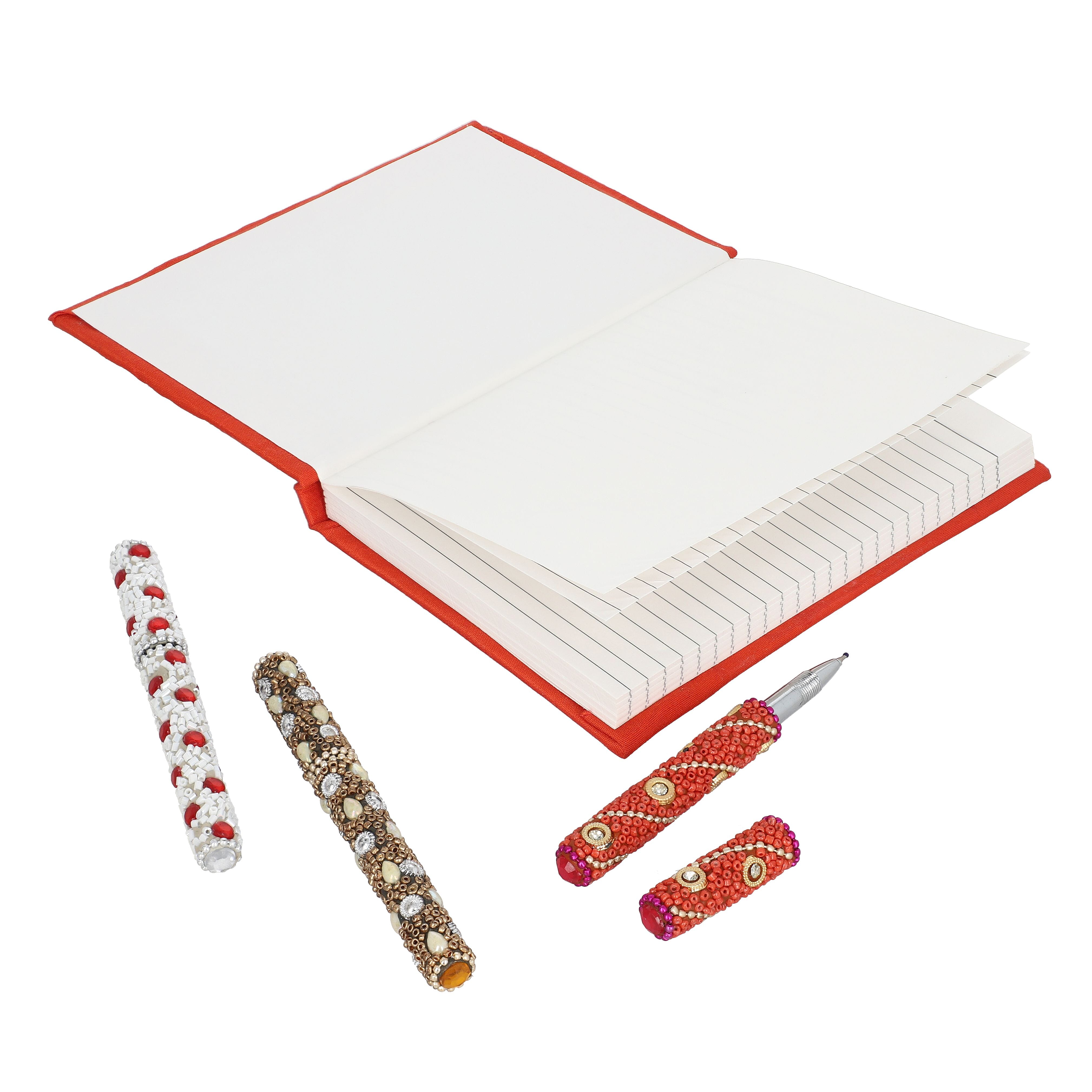 Handcrafted Embroidered Journal and Set of 3 Rhinestone Pens - Red