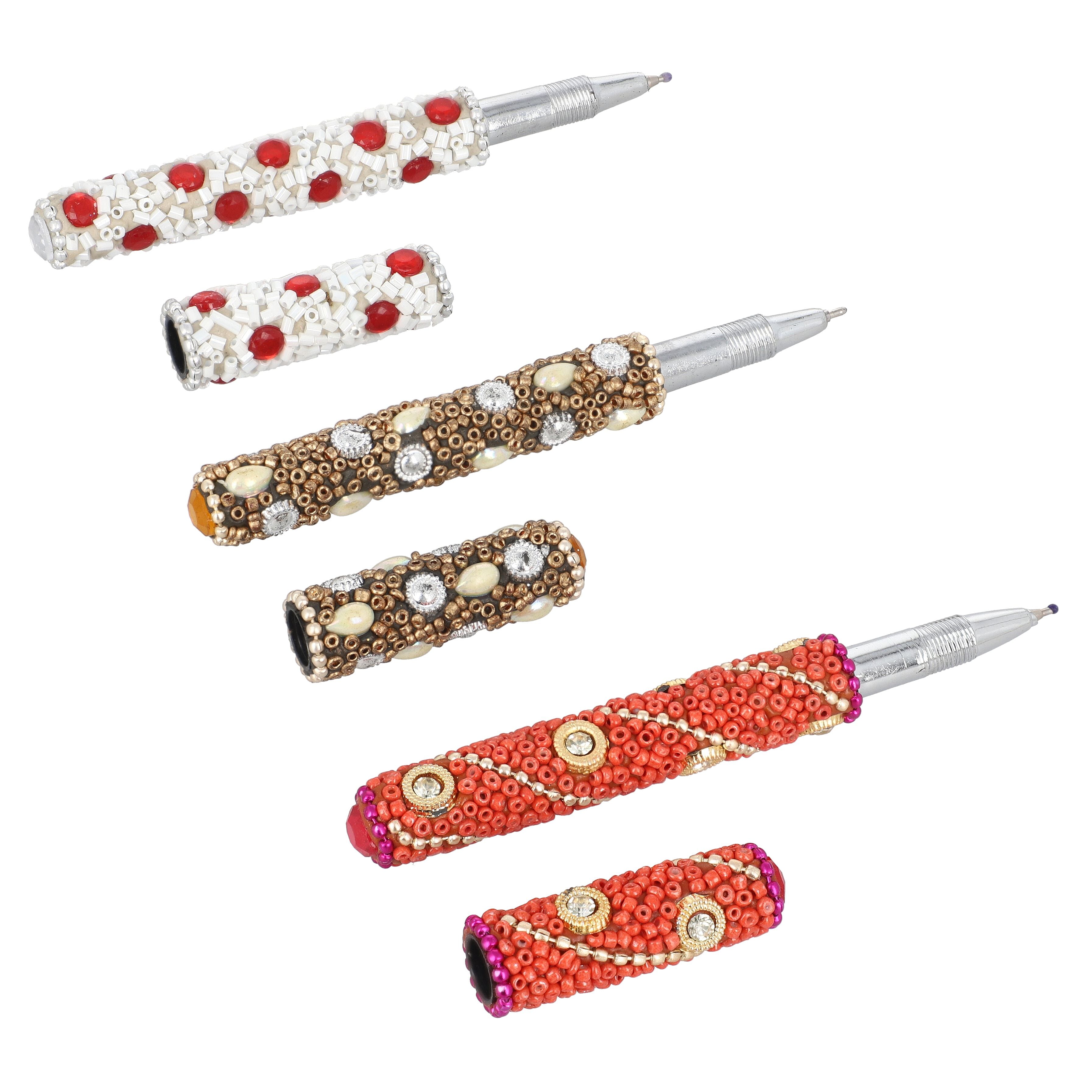 Handcrafted Embroidered Journal and Set of 3 Rhinestone Pens - Red