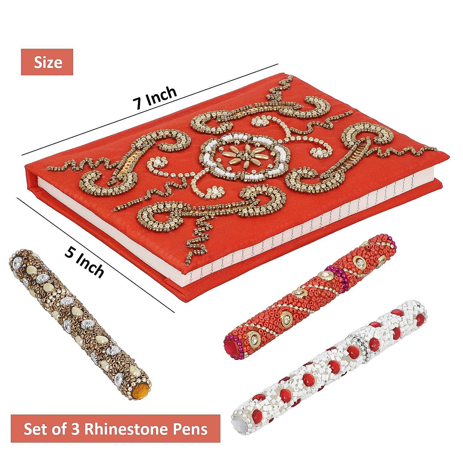 Handcrafted Embroidered Journal and Set of 3 Rhinestone Pens - Red