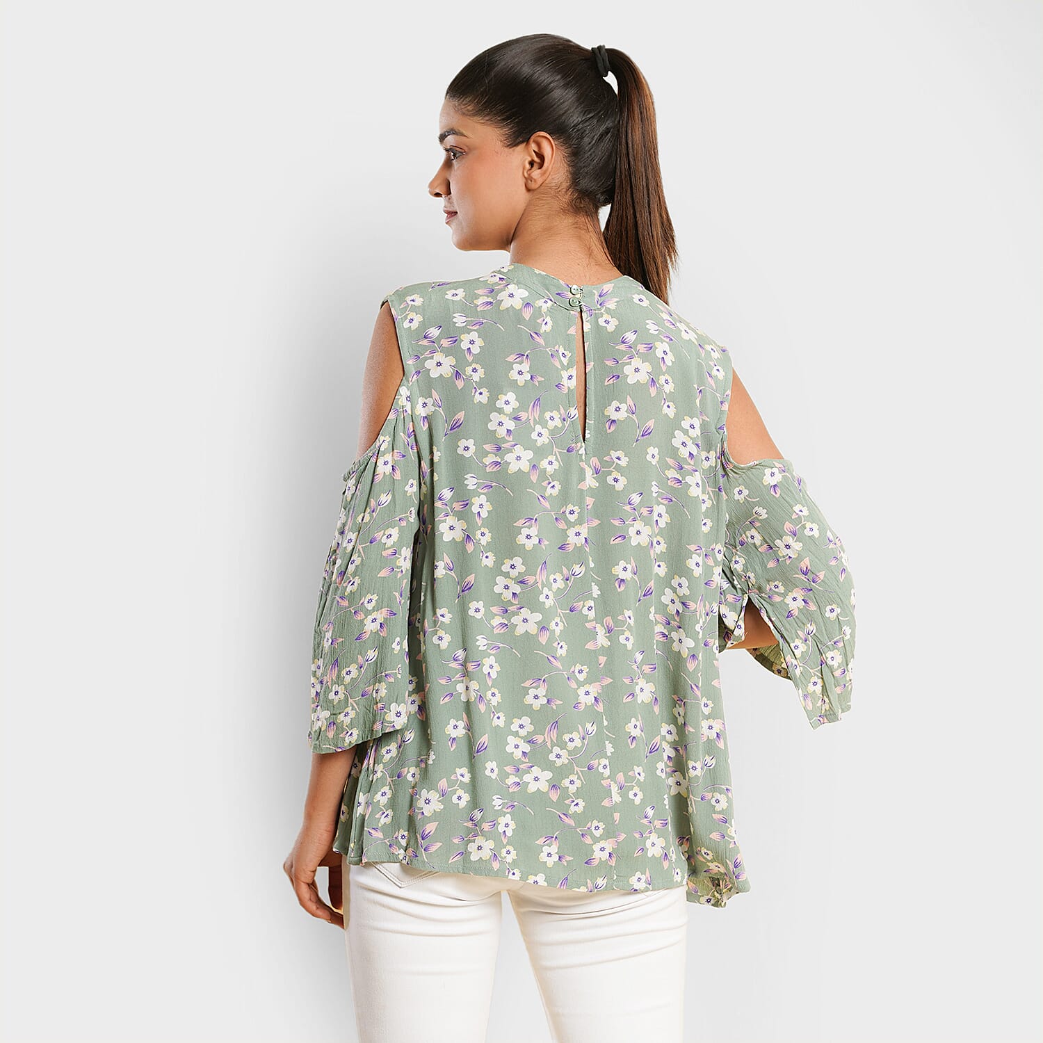 TAMSY 100% Viscose Floral Printed Top (Size 14) - Olive Green