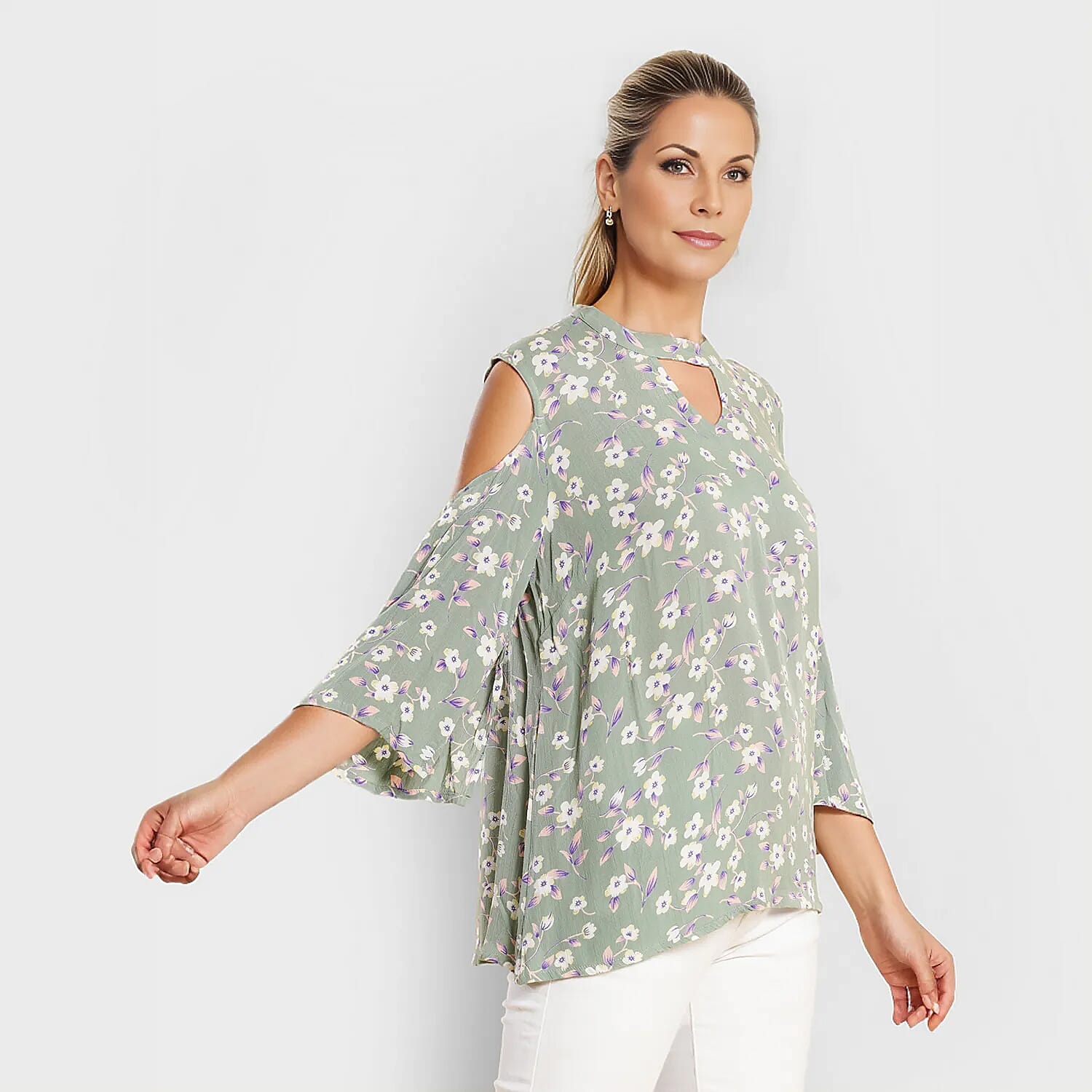 TAMSY 100% Viscose Floral Printed Top (Size 14) - Olive Green