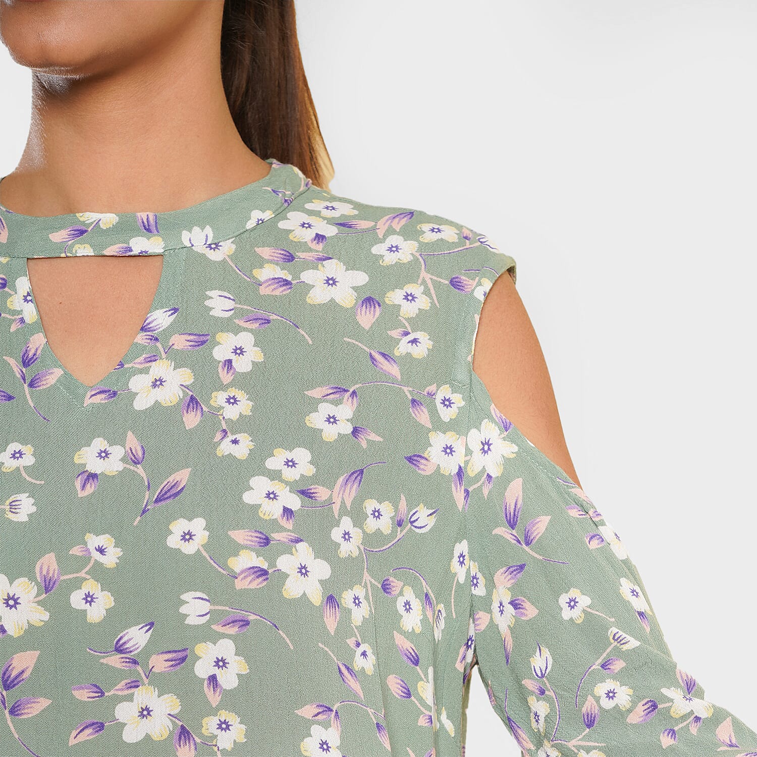 TAMSY 100% Viscose Floral Printed Top (Size 14) - Olive Green