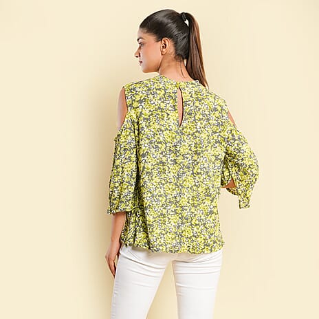 TAMSY 100% Viscose Floral Printed Top (Size 18) - Lemon Yellow