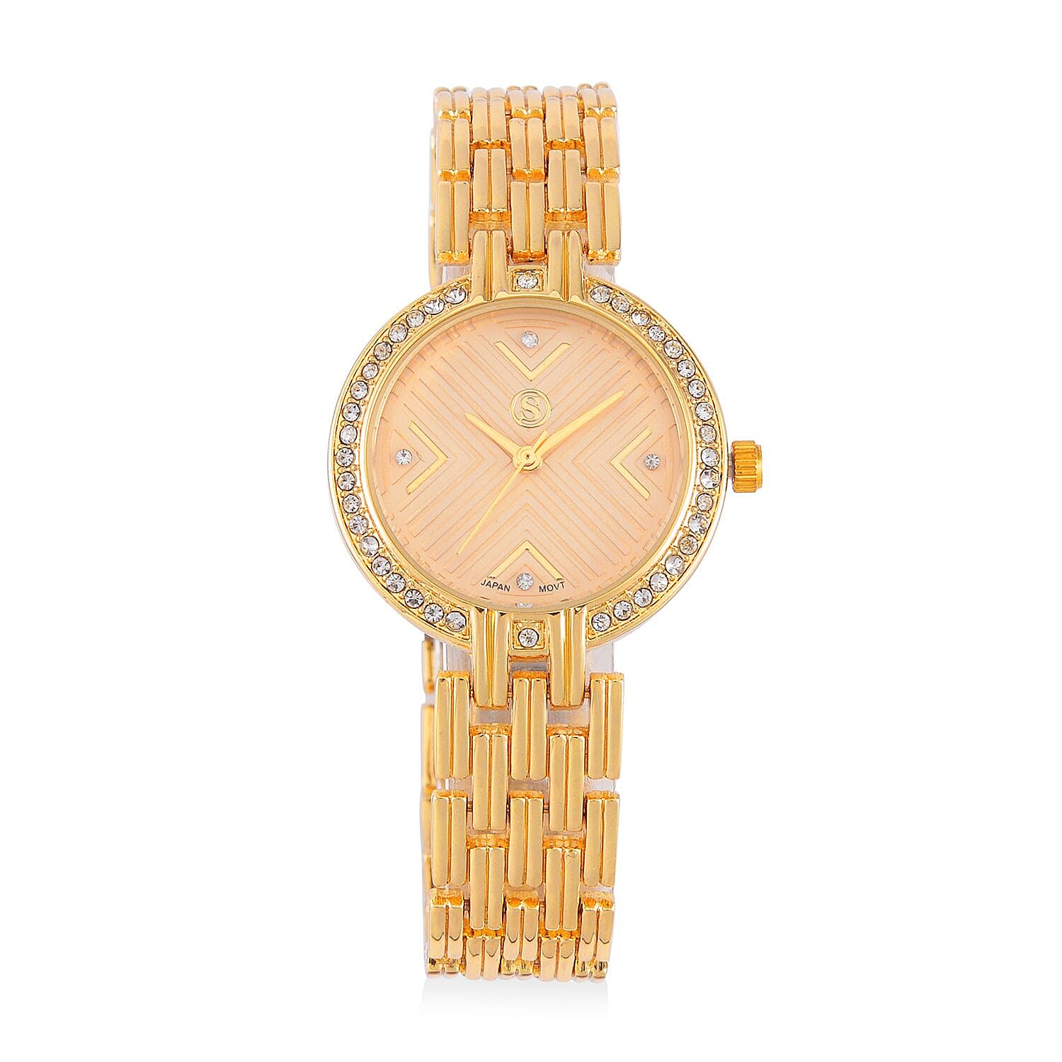 STRADA Japanese Movement Hydraulic Literal & Crystal Gold Dial Water Resistant Watch With Stainless Steel Chain Strap in Yellow Gold Tone