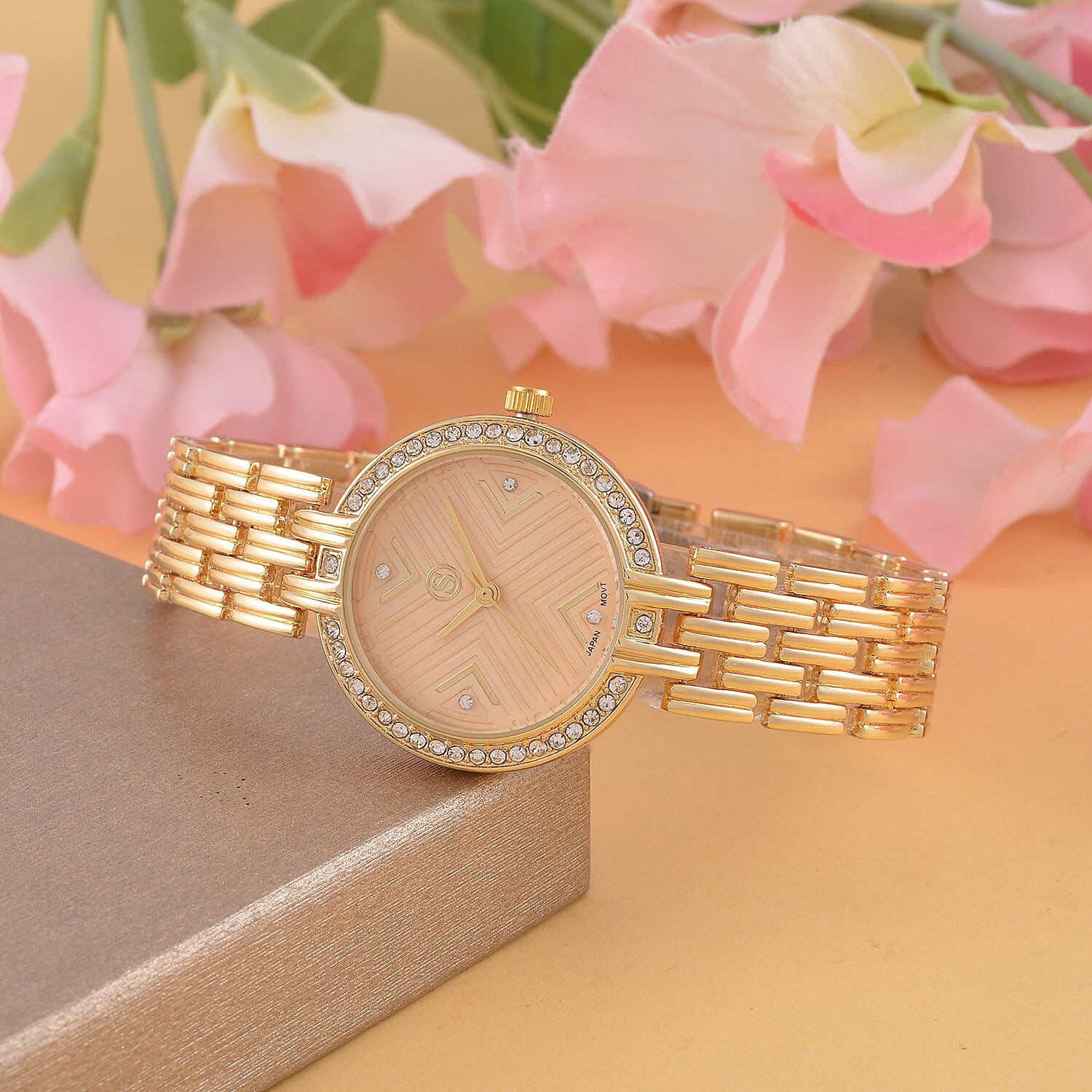 STRADA Japanese Movement Hydraulic Literal & Crystal Gold Dial Water Resistant Watch With Stainless Steel Chain Strap in Yellow Gold Tone