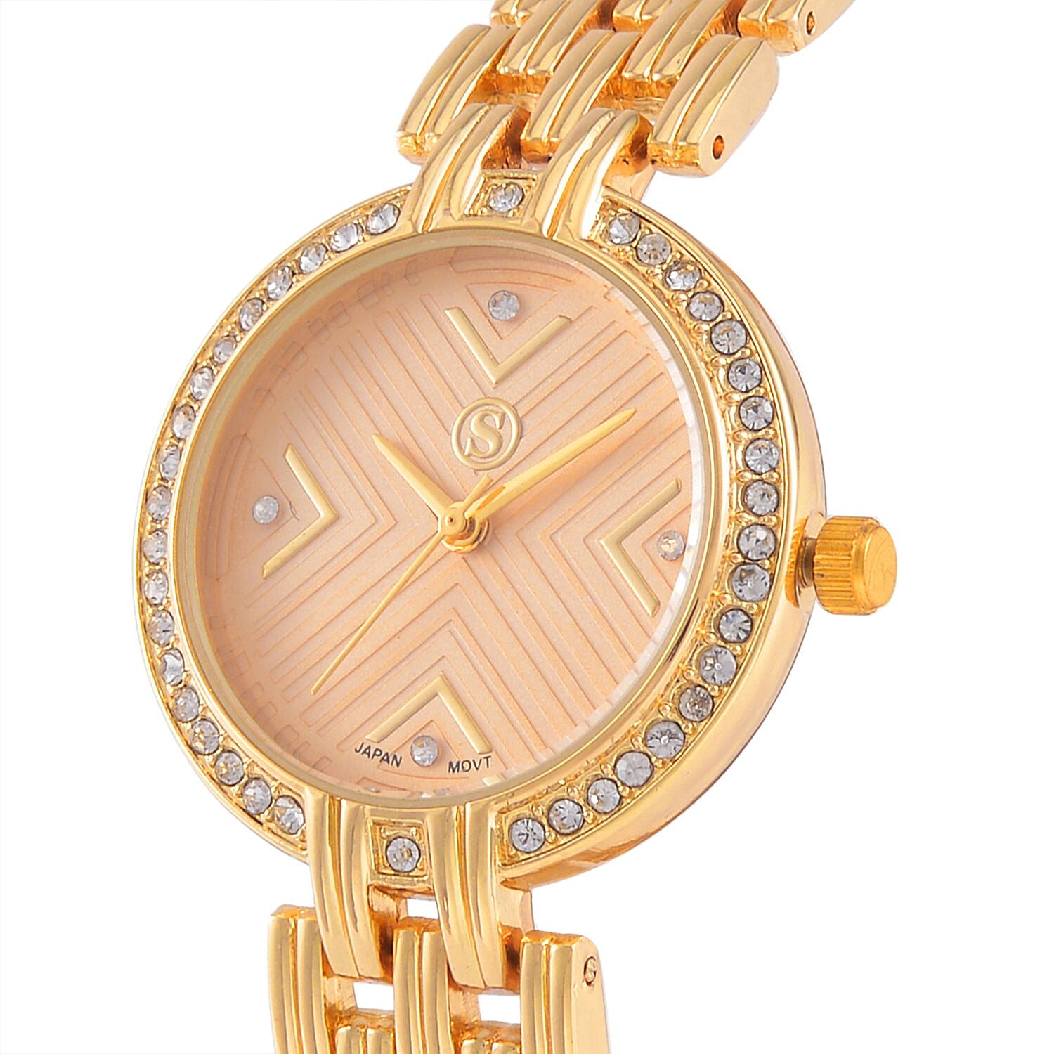 STRADA Japanese Movement Hydraulic Literal & Crystal Gold Dial Water Resistant Watch With Stainless Steel Chain Strap in Yellow Gold Tone