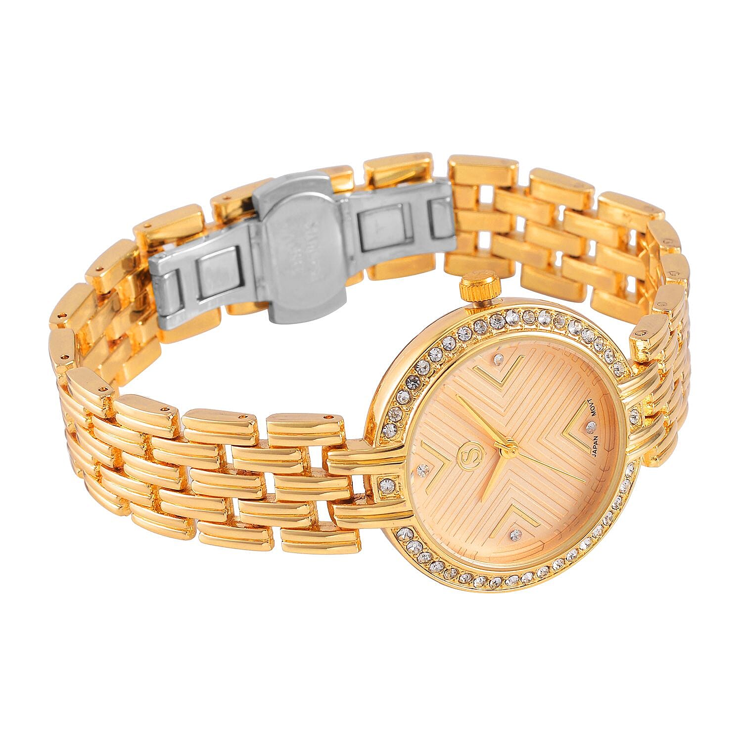 STRADA Japanese Movement Hydraulic Literal & Crystal Gold Dial Water Resistant Watch With Stainless Steel Chain Strap in Yellow Gold Tone