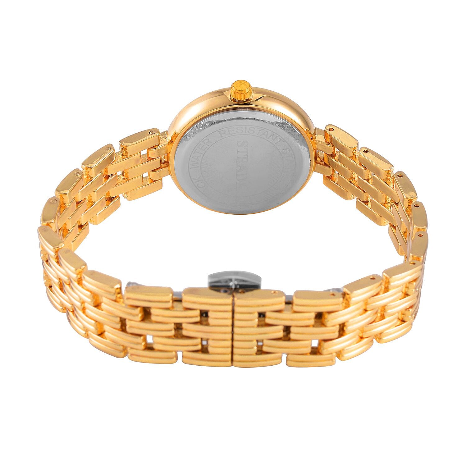 STRADA Japanese Movement Hydraulic Literal & Crystal Gold Dial Water Resistant Watch With Stainless Steel Chain Strap in Yellow Gold Tone