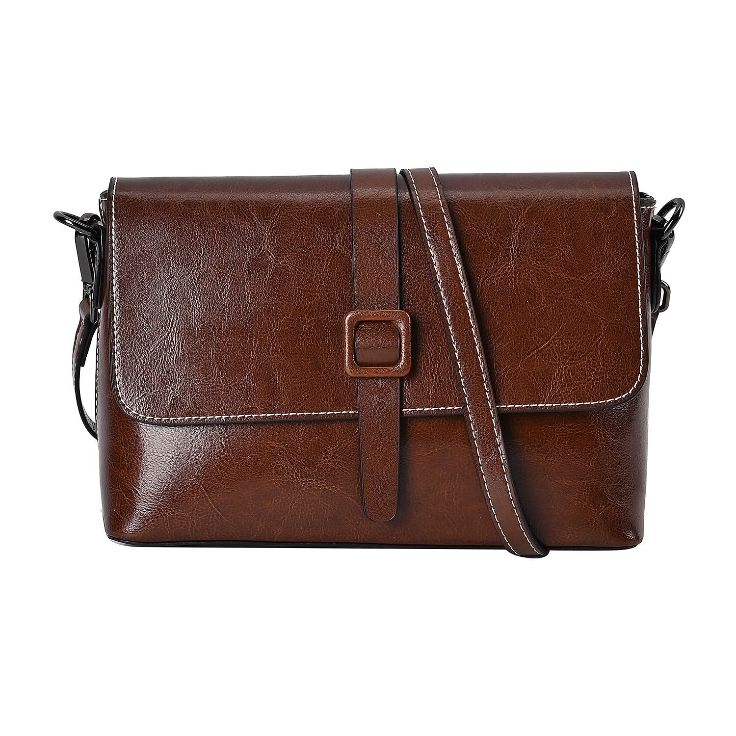 Genuine Leather Solid Crossbody Bag - Coffee