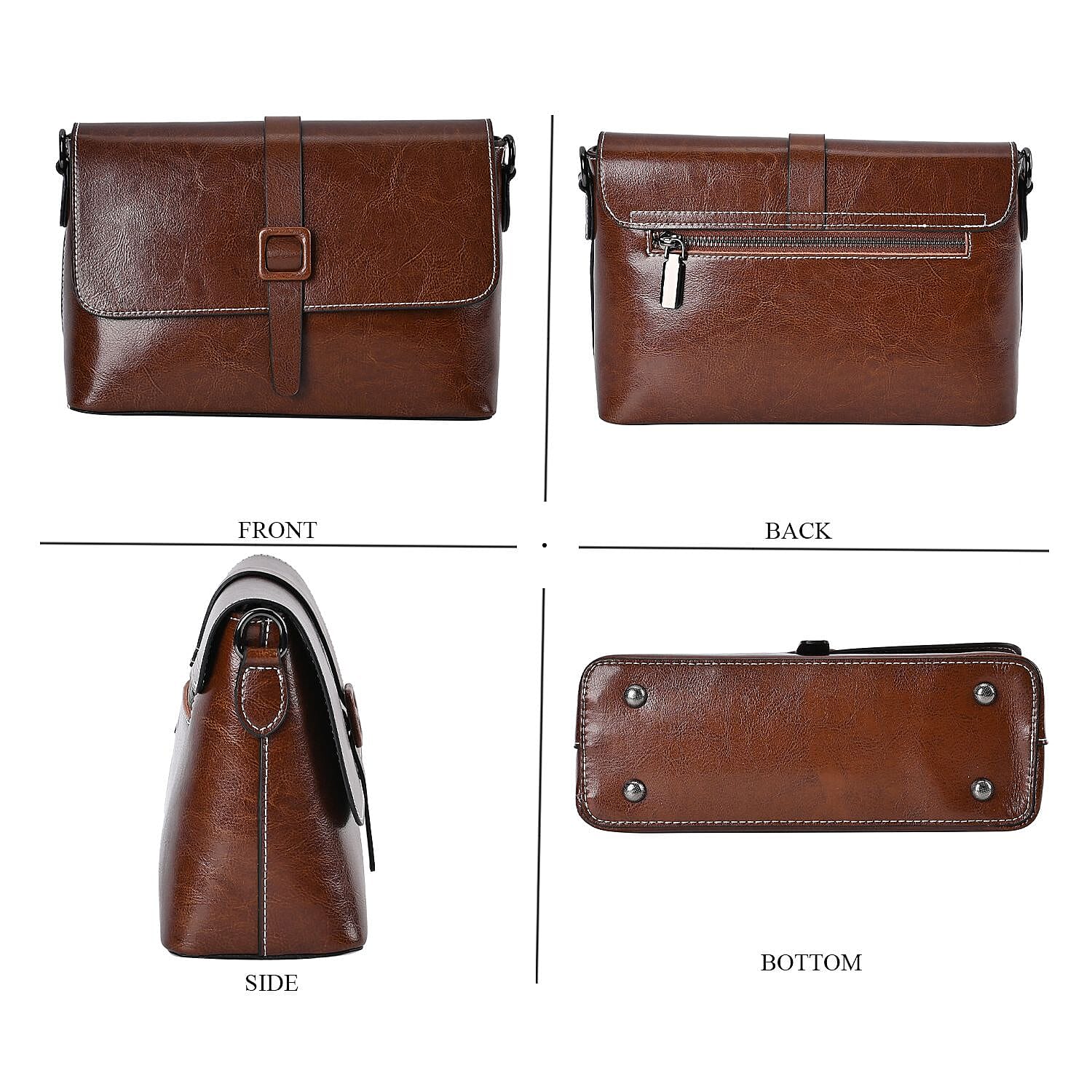 Genuine Leather Solid Crossbody Bag - Coffee