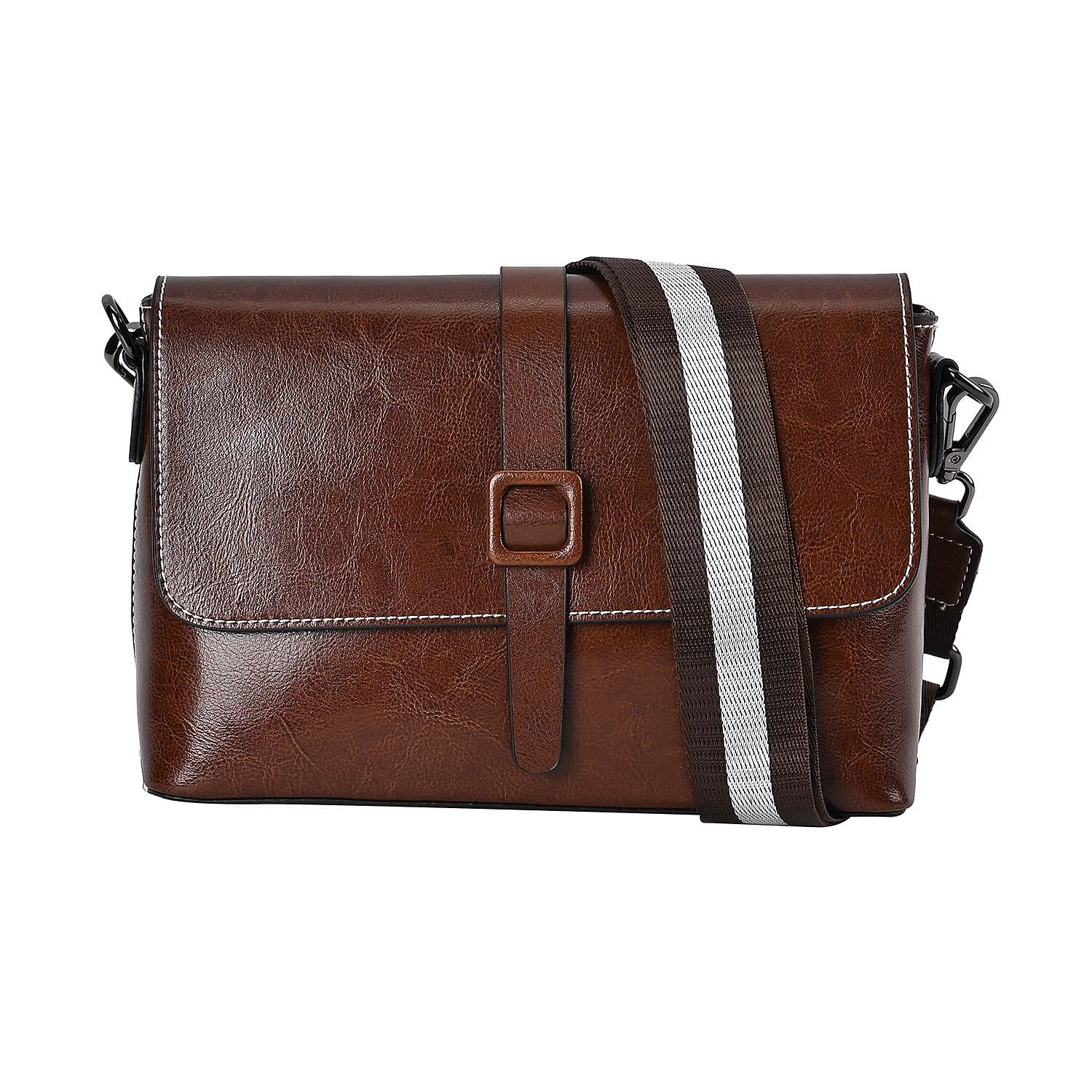 Genuine Leather Solid Crossbody Bag - Coffee