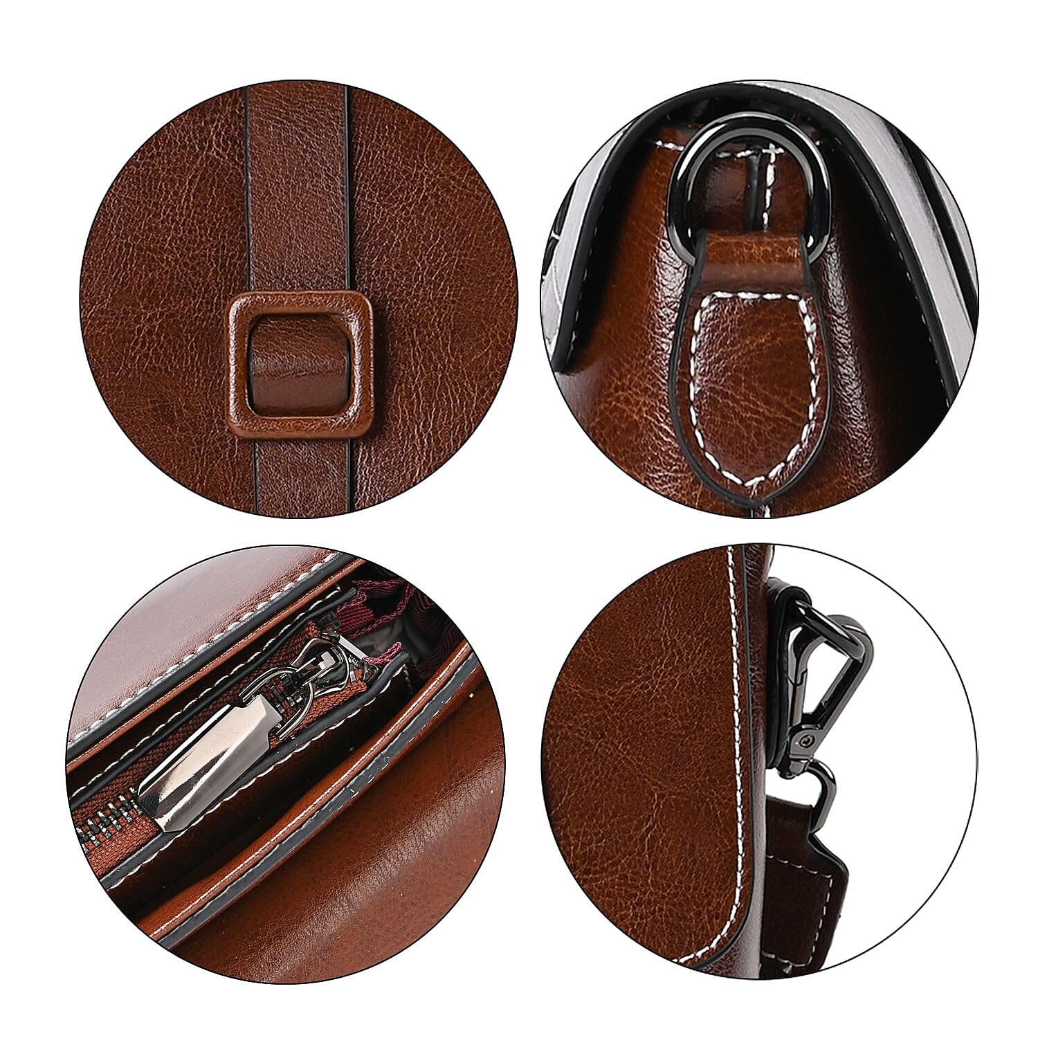 Genuine Leather Solid Crossbody Bag - Coffee