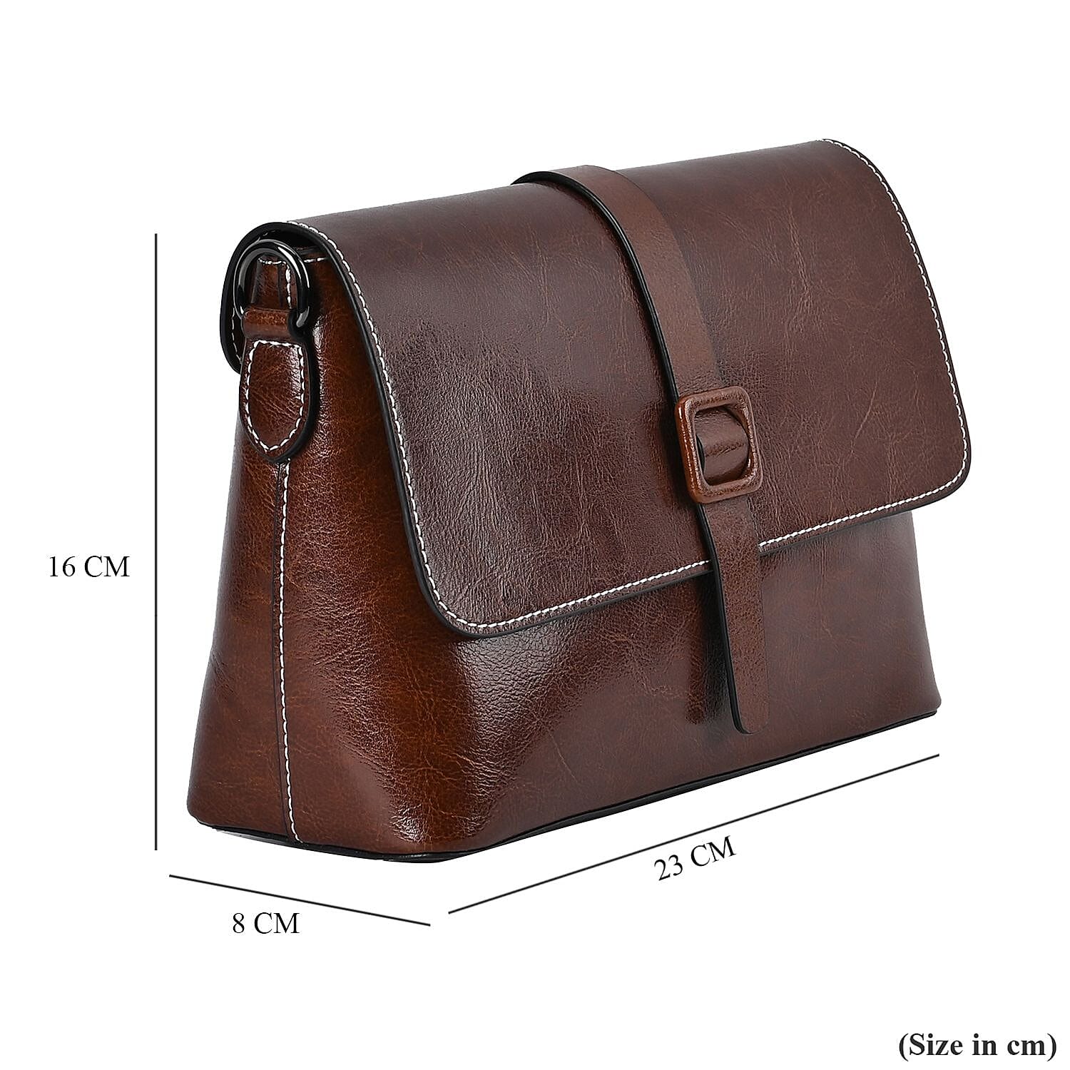 Genuine Leather Solid Crossbody Bag - Coffee